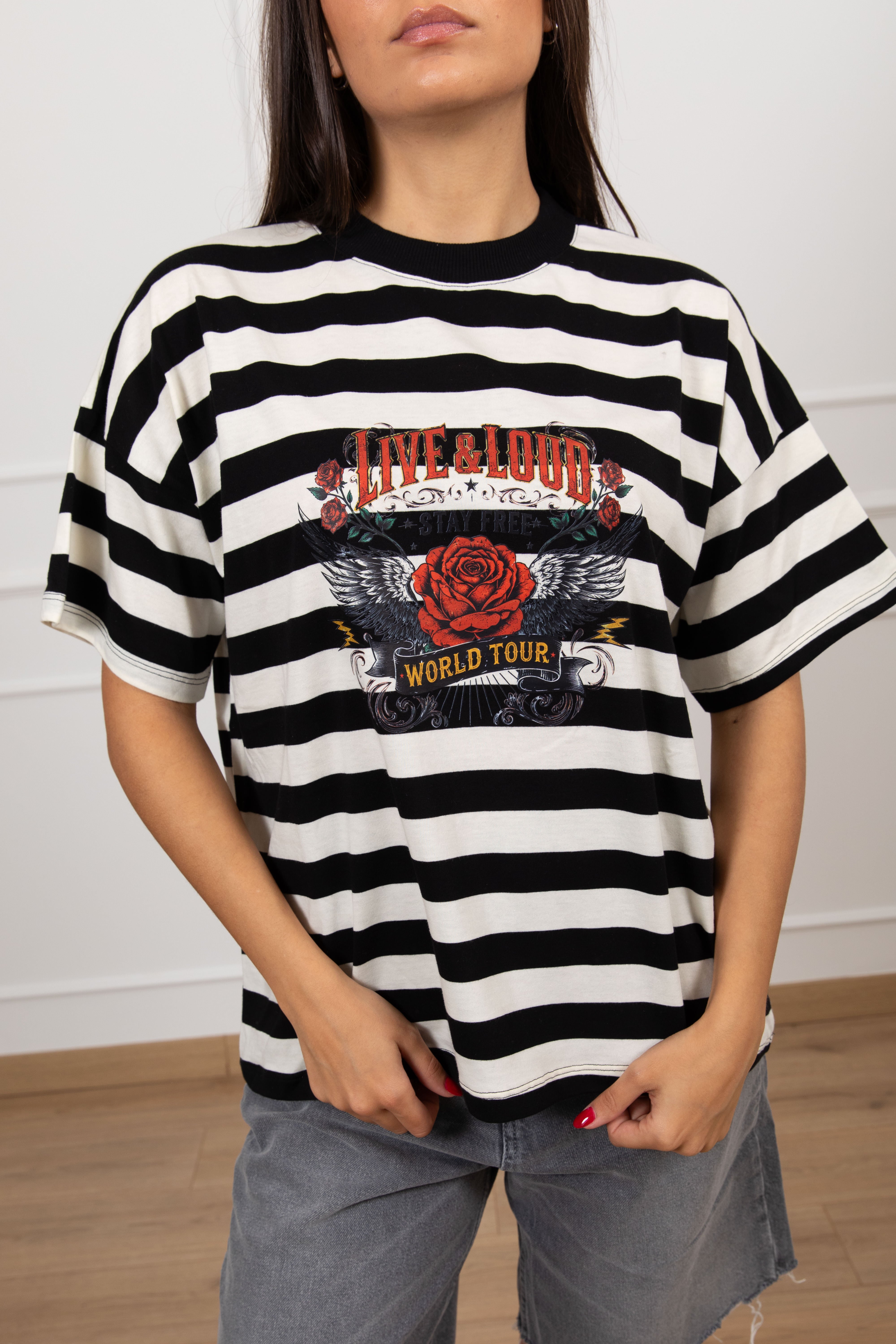 T-shirt rock "Live and loud" a righe ViCOLO