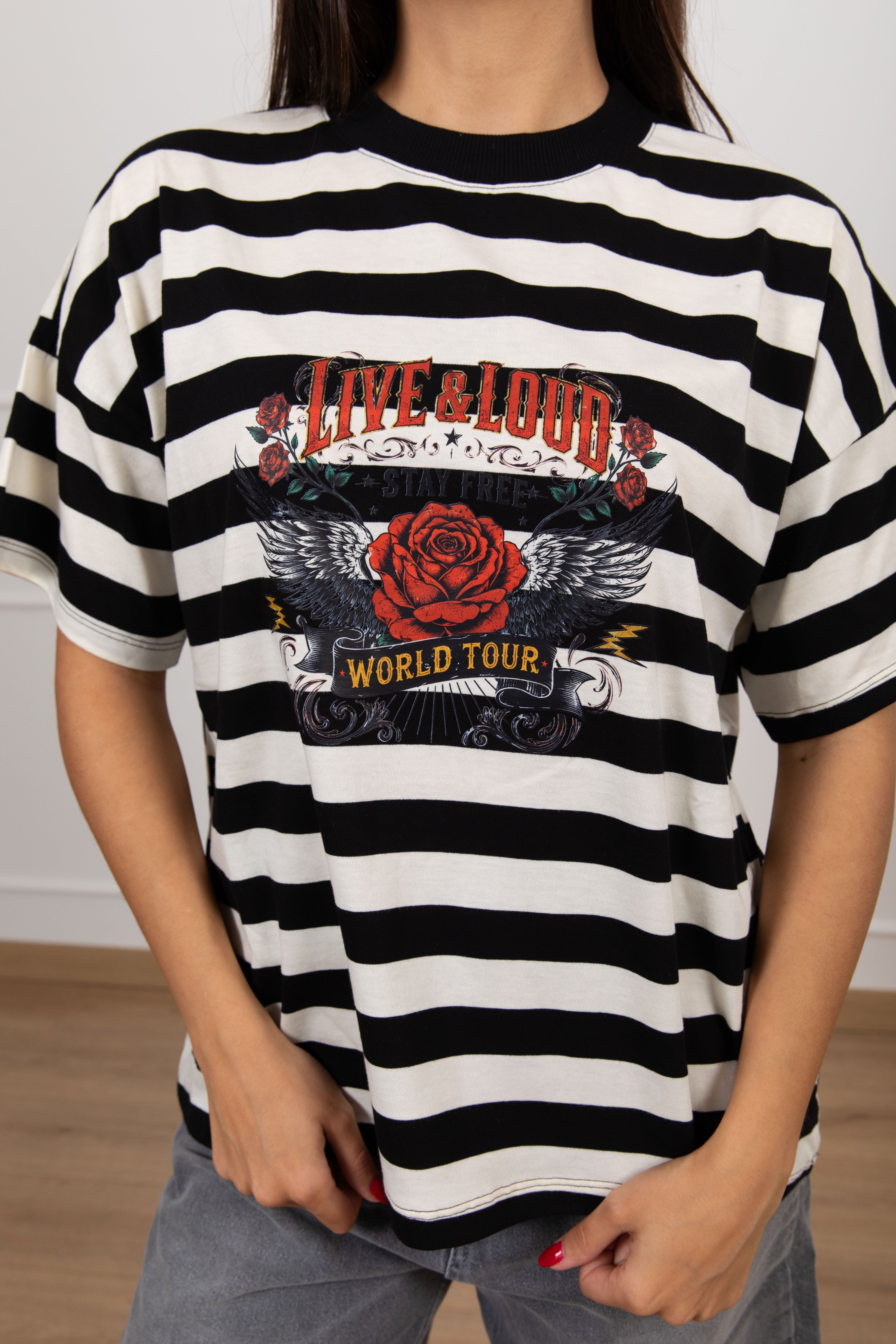 T-shirt rock "Live and loud" a righe ViCOLO