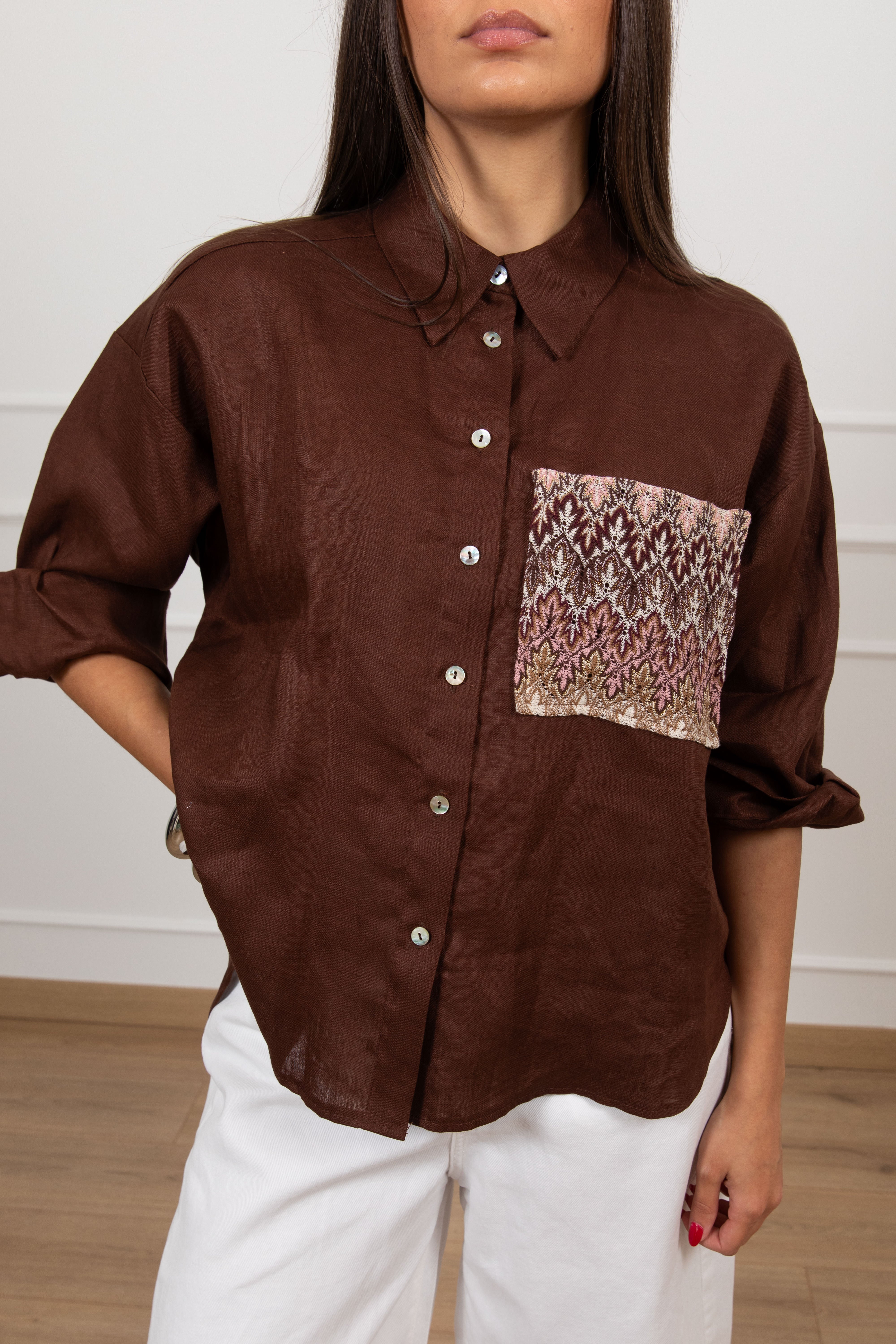Camicia in lino con tasca fantasia zig-zag Tensione IN