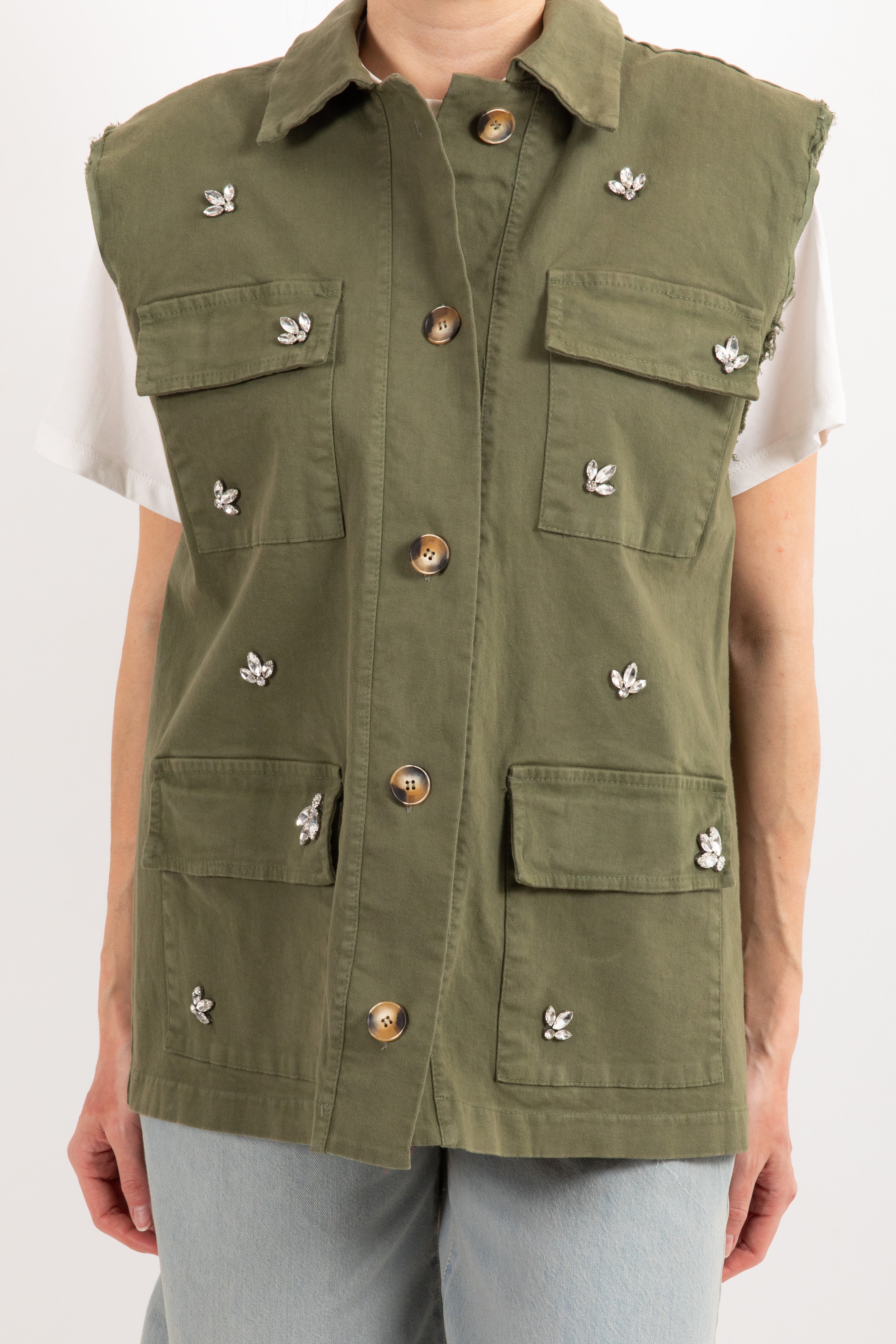 Maxi gilet in gabardina con pietre Susy Mix
