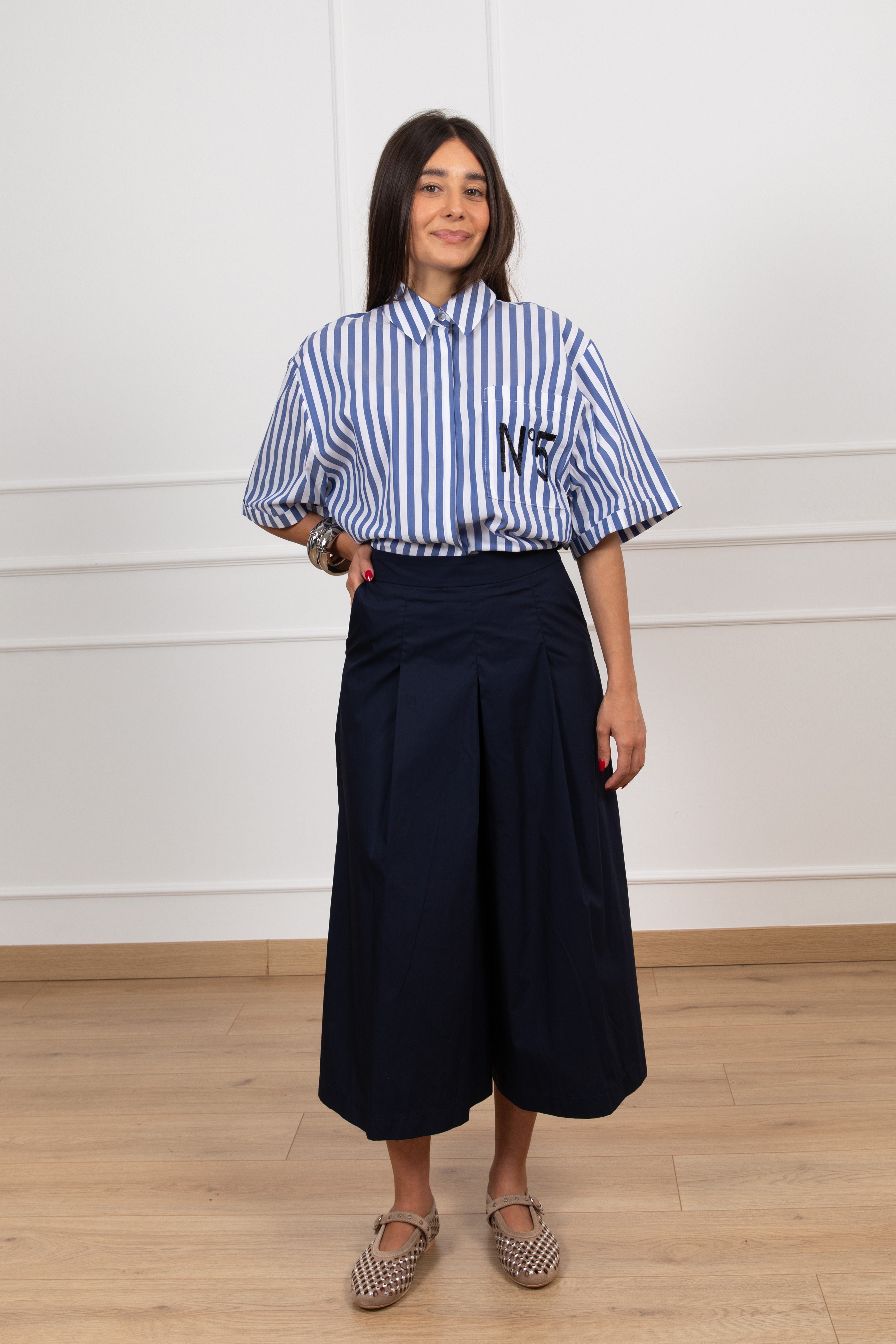 Camicia manica corta a righe "N 5" paillettes Tensione IN