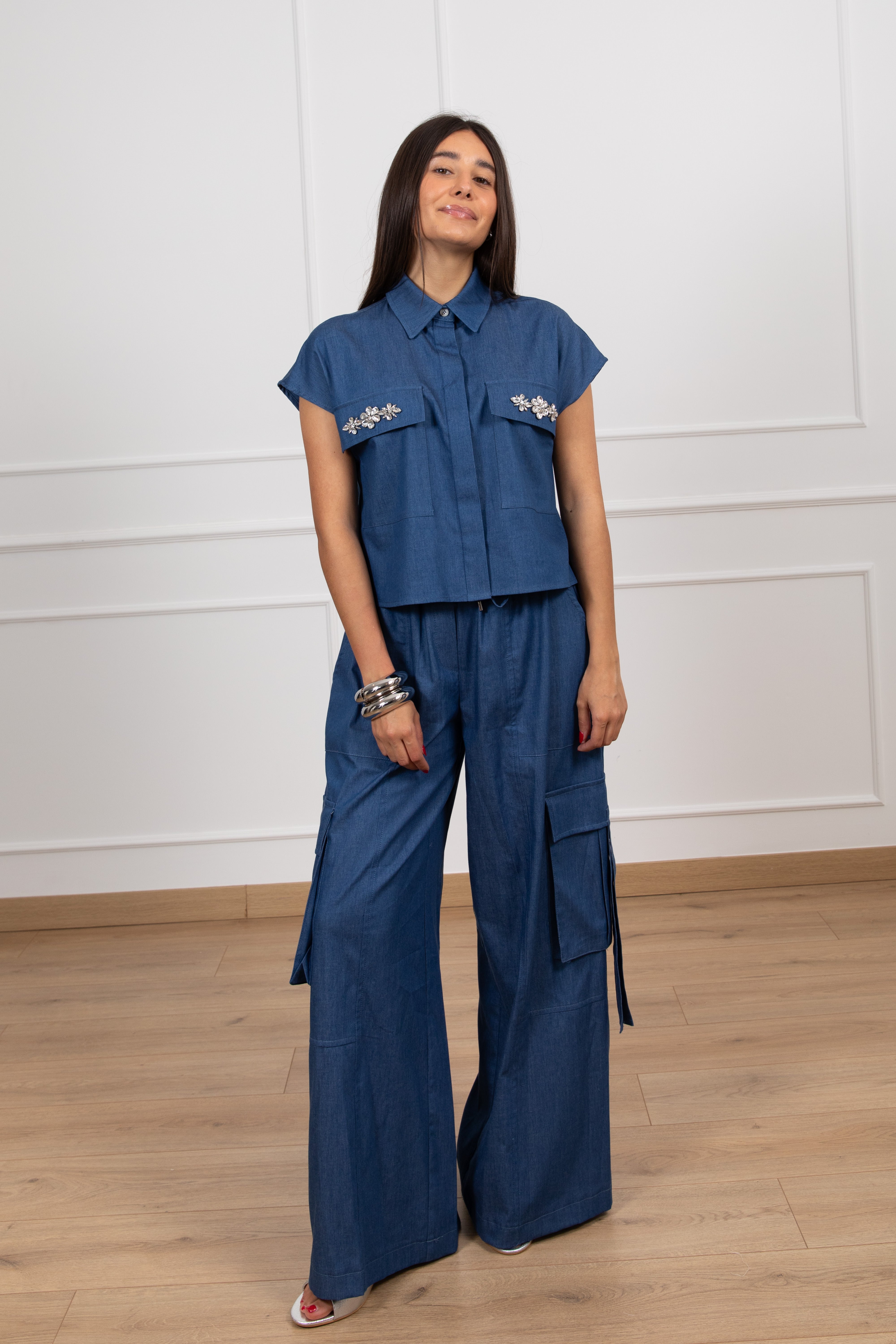 Pantalone cargo in chambrix con elastico Tensione In