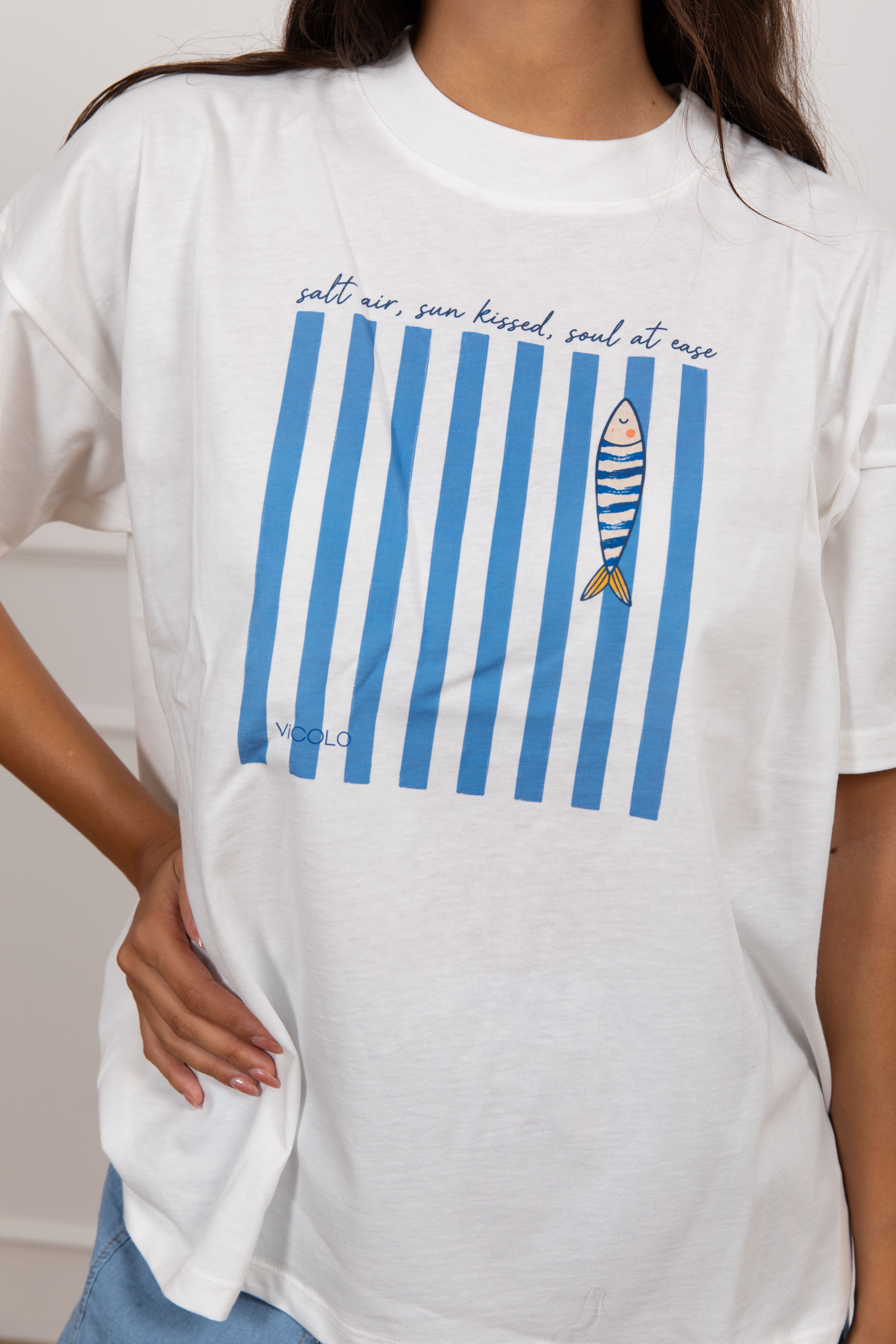 T-shirt stampa pesce a righe ViCOLO