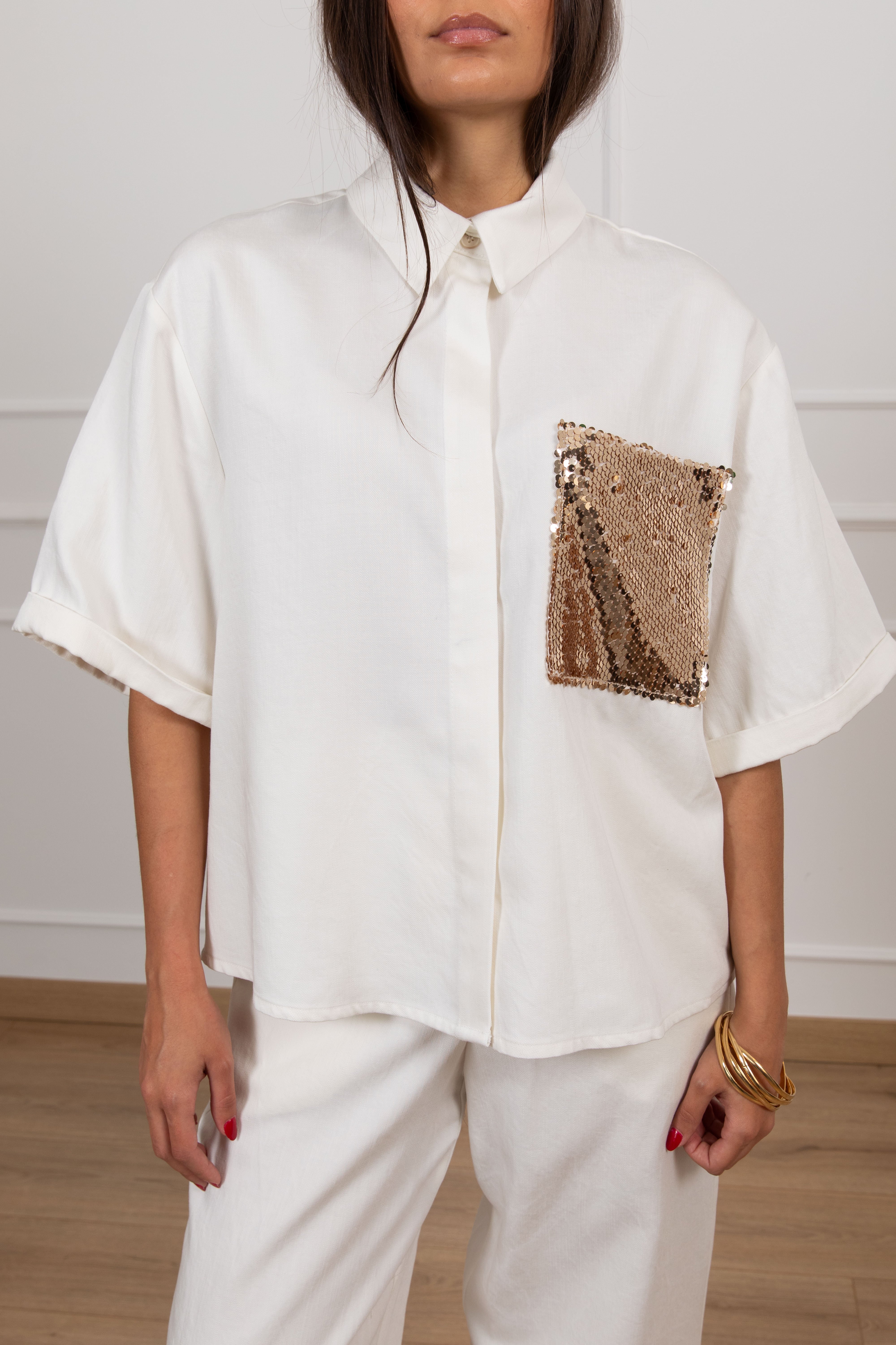 Camicia manica corta in tencel con tasca paillettes Tensione IN