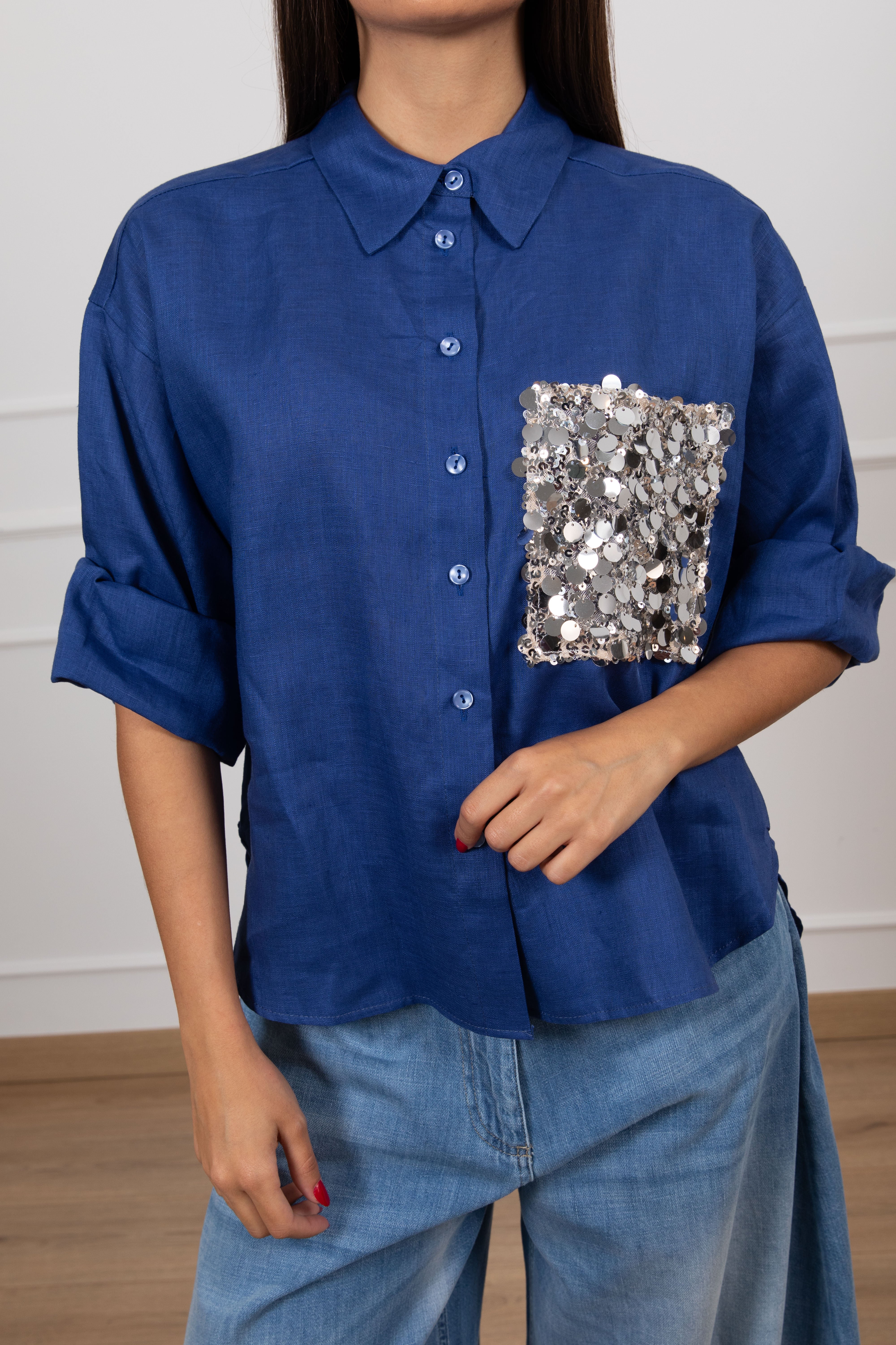 Camicia in 100% lino con tasca paillettes Tensione IN