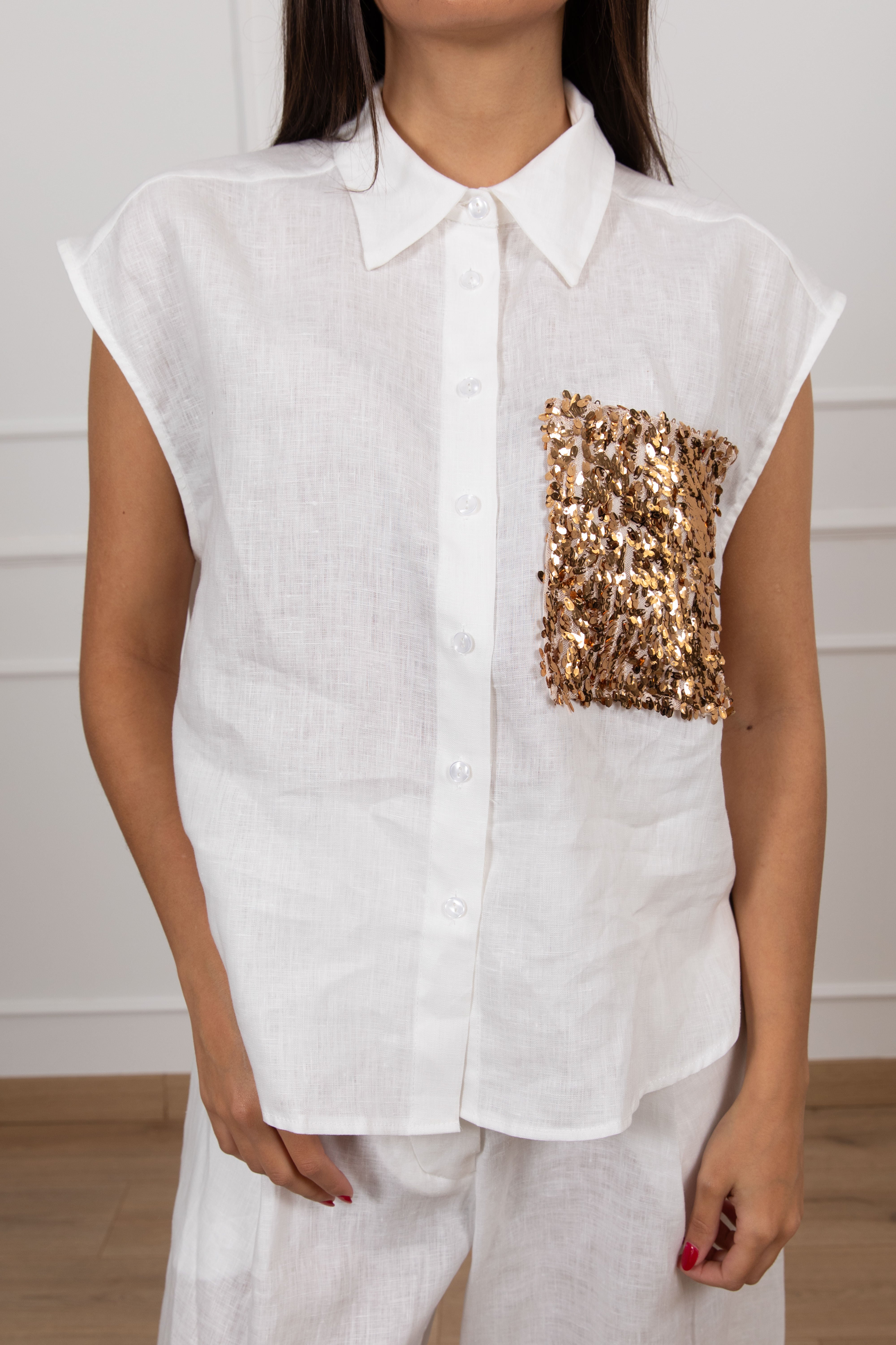 Camicia smanicata in lino con tasca paillettes Tensione IN