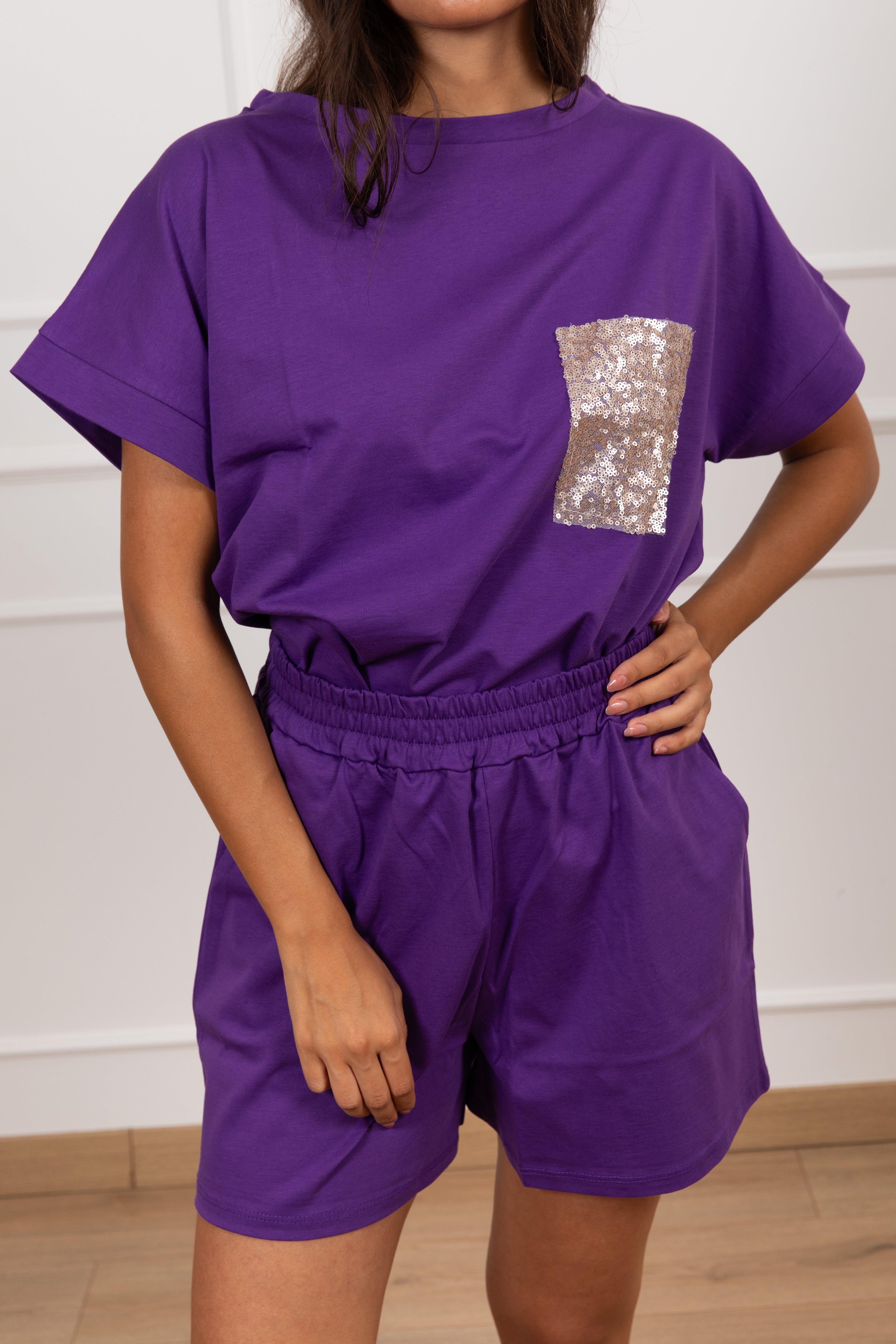 Coordinato t-shirt tasca paillettes e shorts con elastico Susy Mix