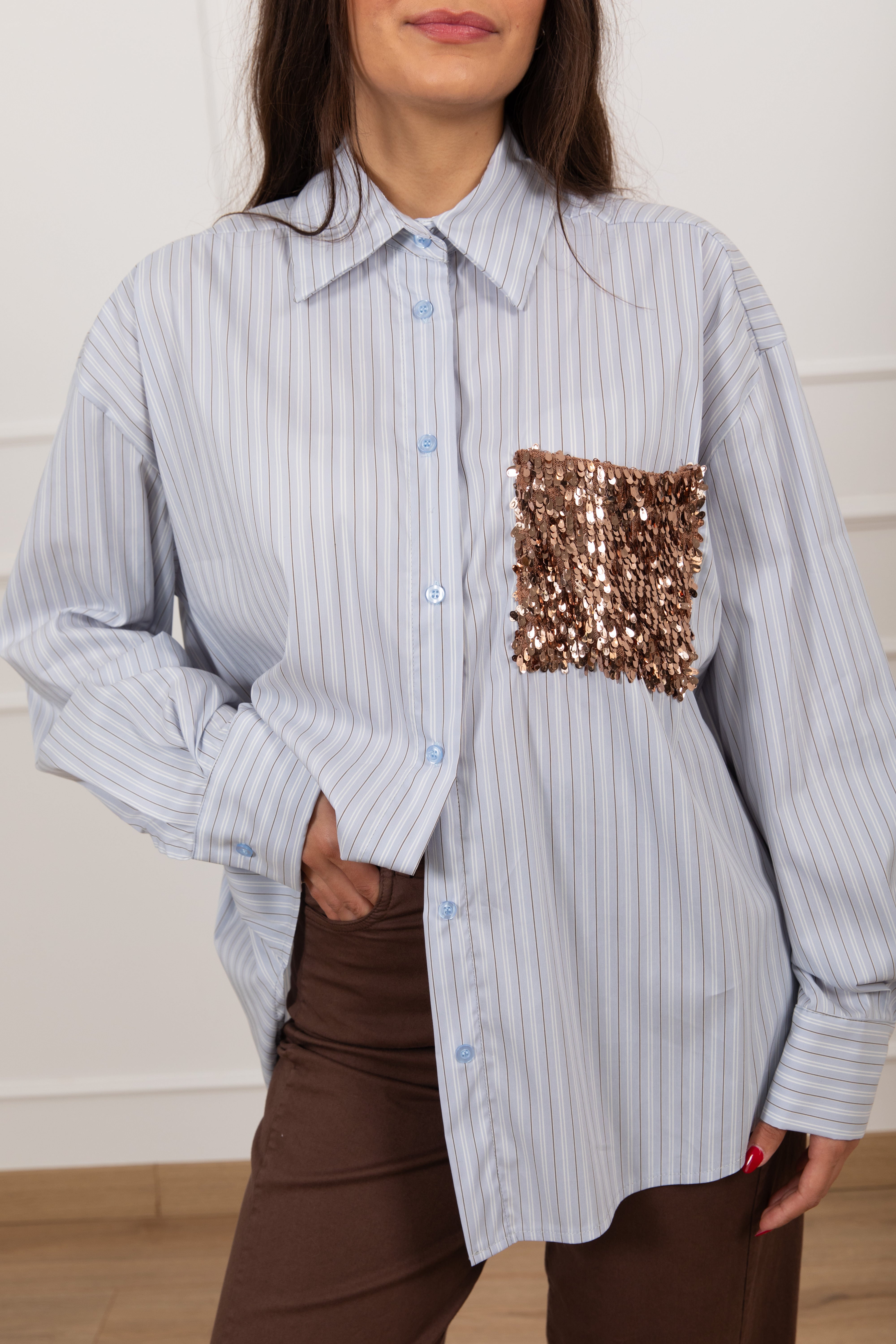 Camicia bacchettata con tasca paillettes bronzo Tensione IN