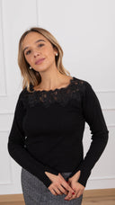 Maglia scollo a barchetta con inserti pizzo variante nero Haveone