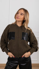 Bomber in maglia con tasche in eco-pelle intrecciata variante foglia Haveone