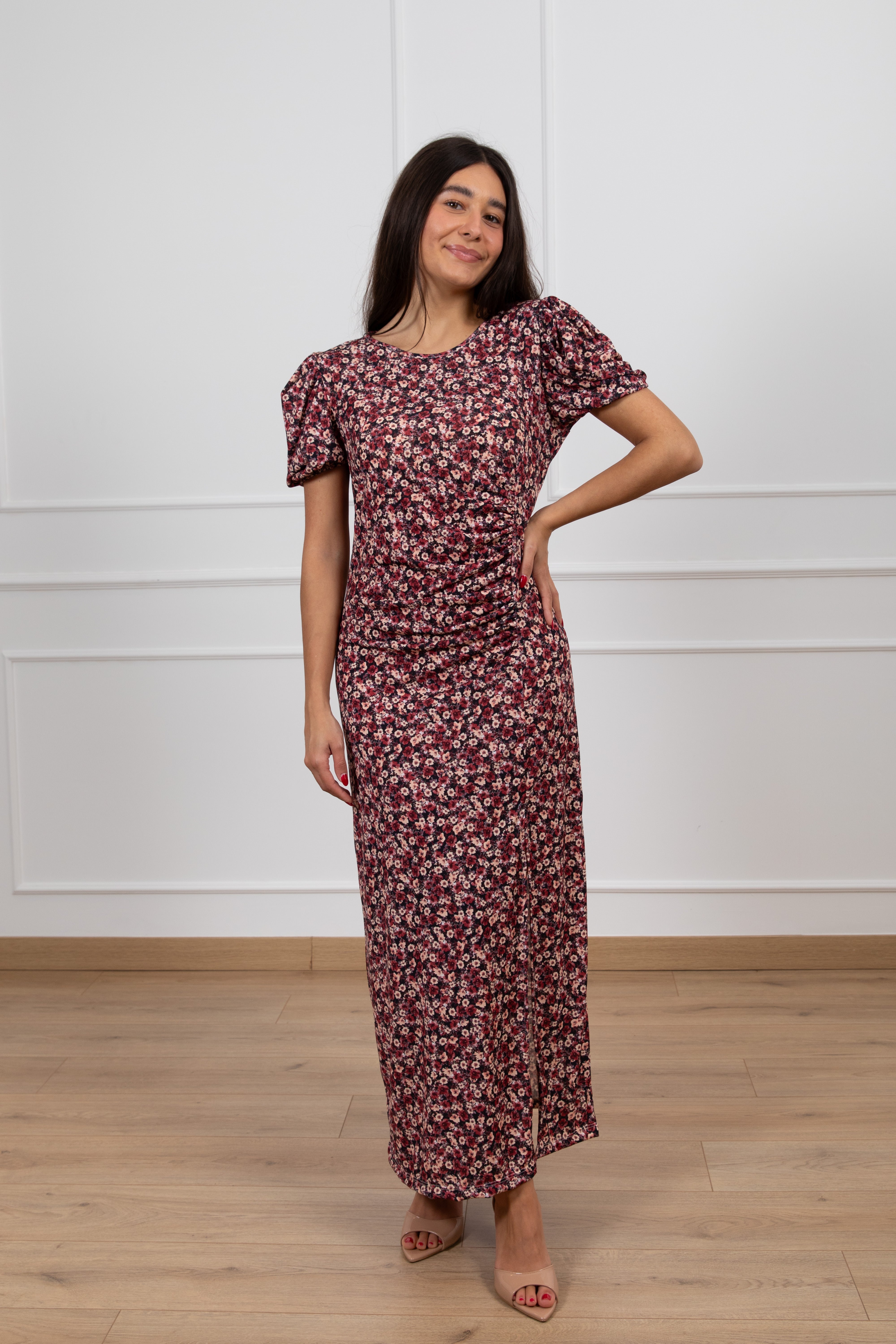 Abito lungo con drappeggio fantasia flowers ViCOLO