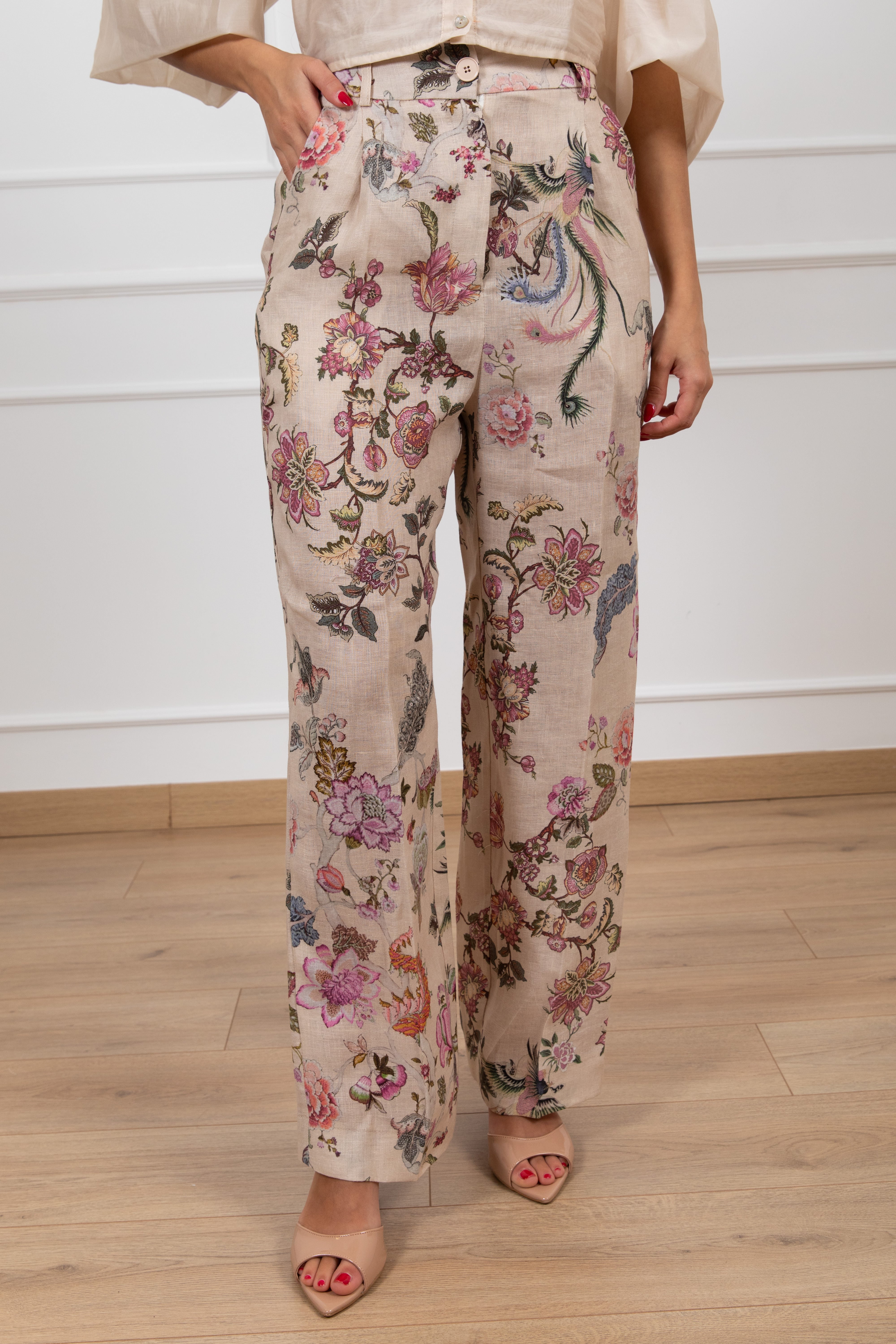 Pantalone gamba dritta in lino stampa flowers ViCOLO
