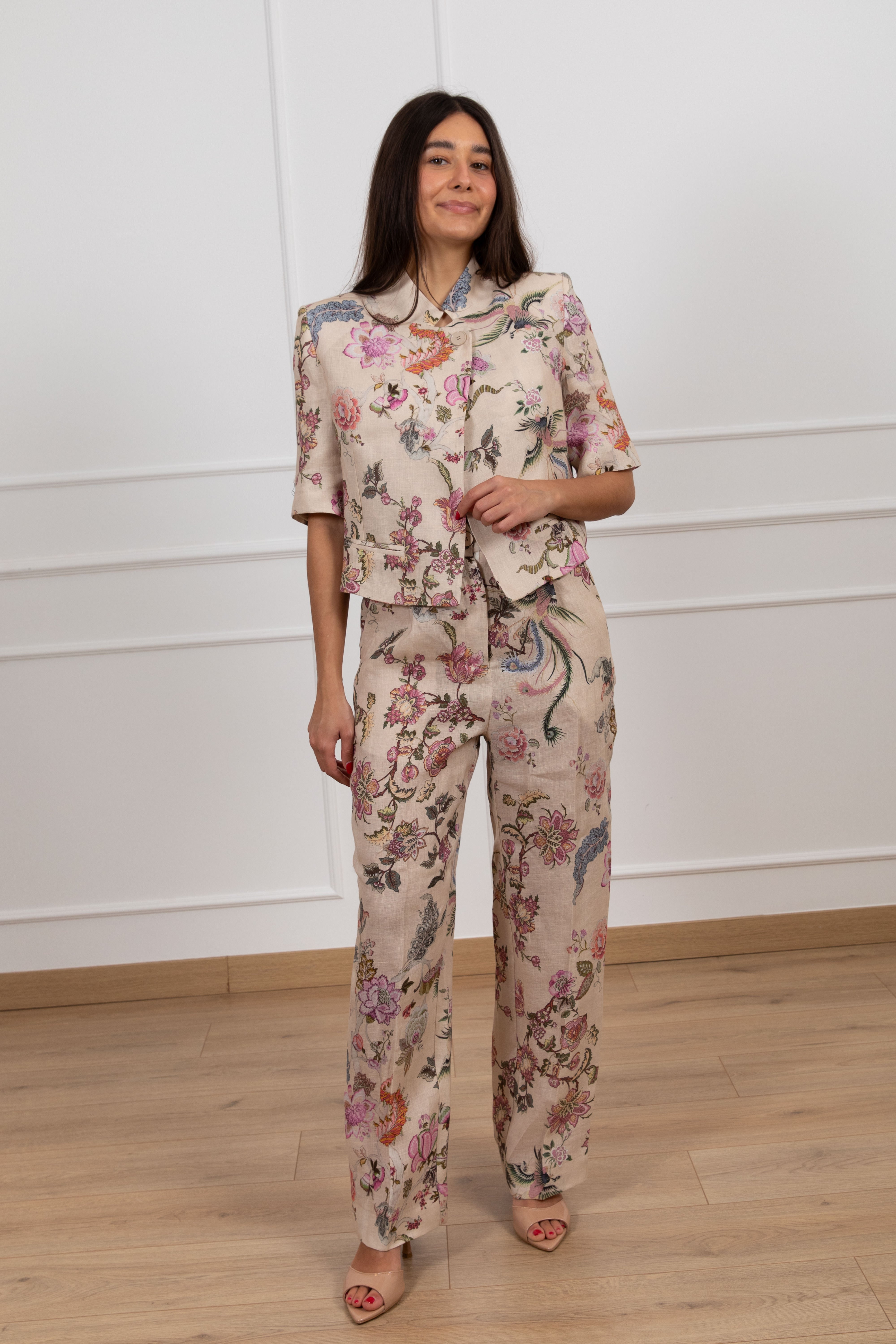 Pantalone gamba dritta in lino stampa flowers ViCOLO