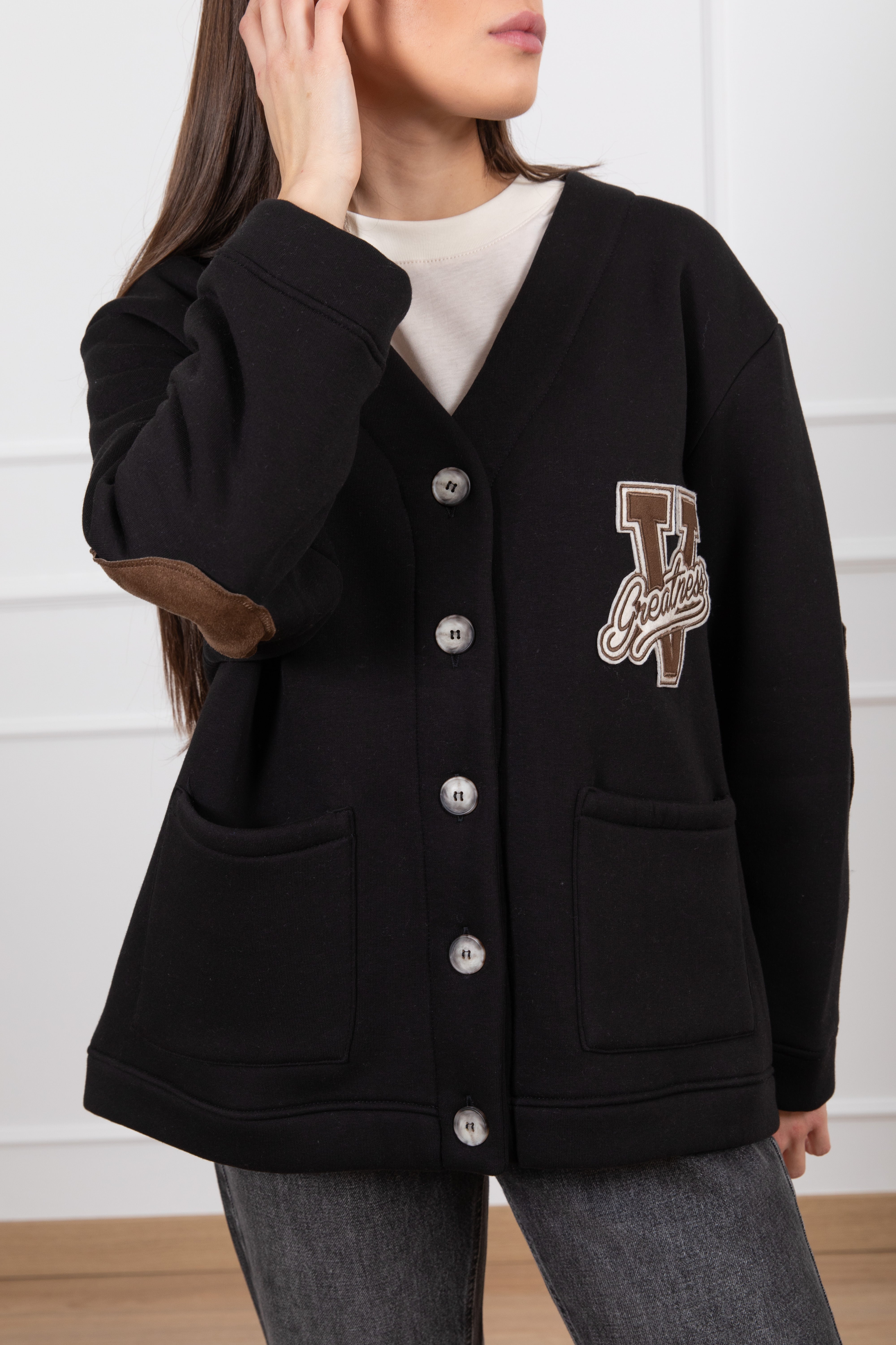 Cardigan in felpa con toppe in eco-camoscio ViCOLO