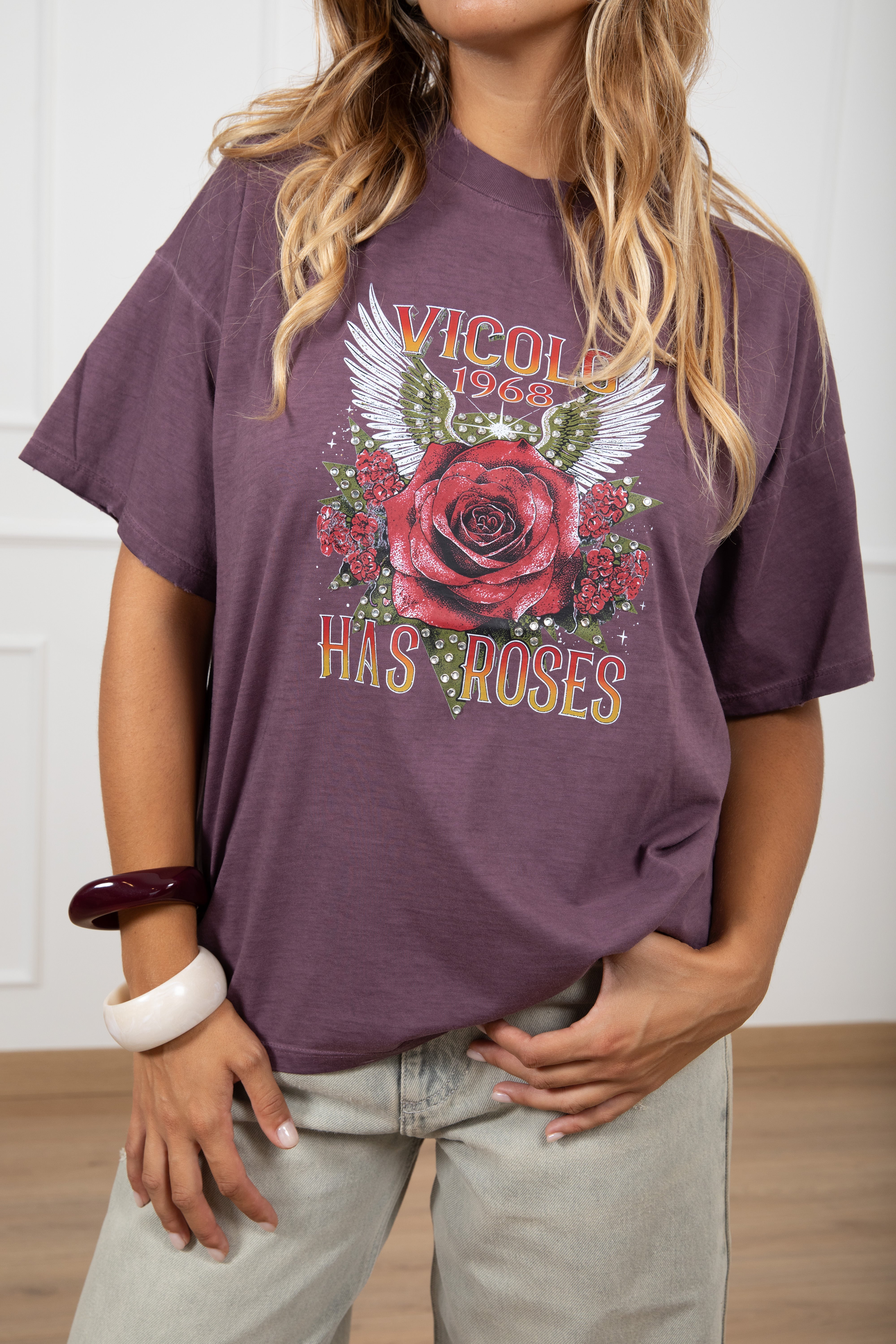 T-shirt over-size stone washed "Has Roses" ViCOLO