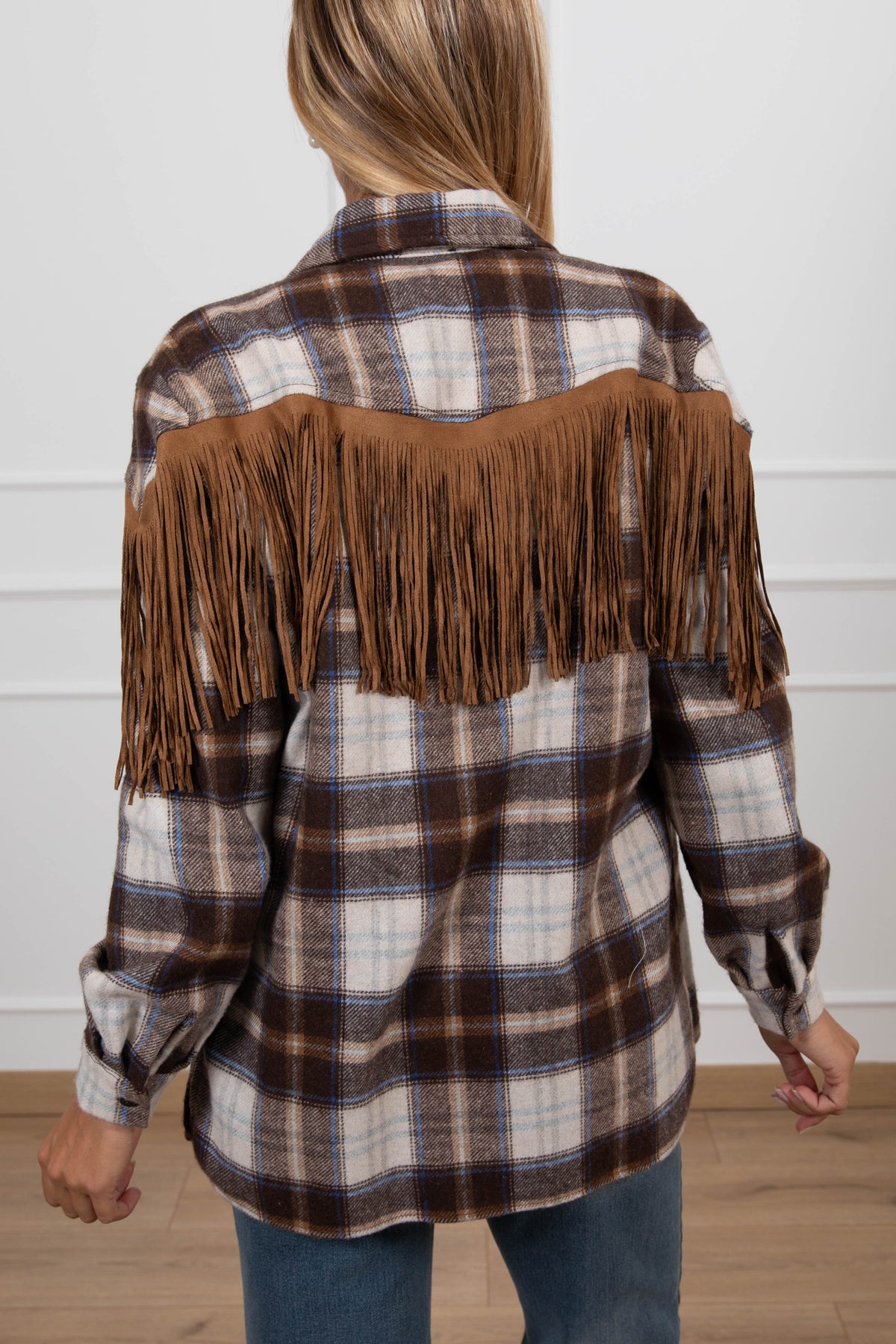 Camicia check in flanella con frange in eco-camoscio ViCOLO