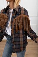 Camicia check tabacco con frange in eco-camoscio ViCOLO