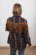 Camicia check tabacco con frange in eco-camoscio ViCOLO