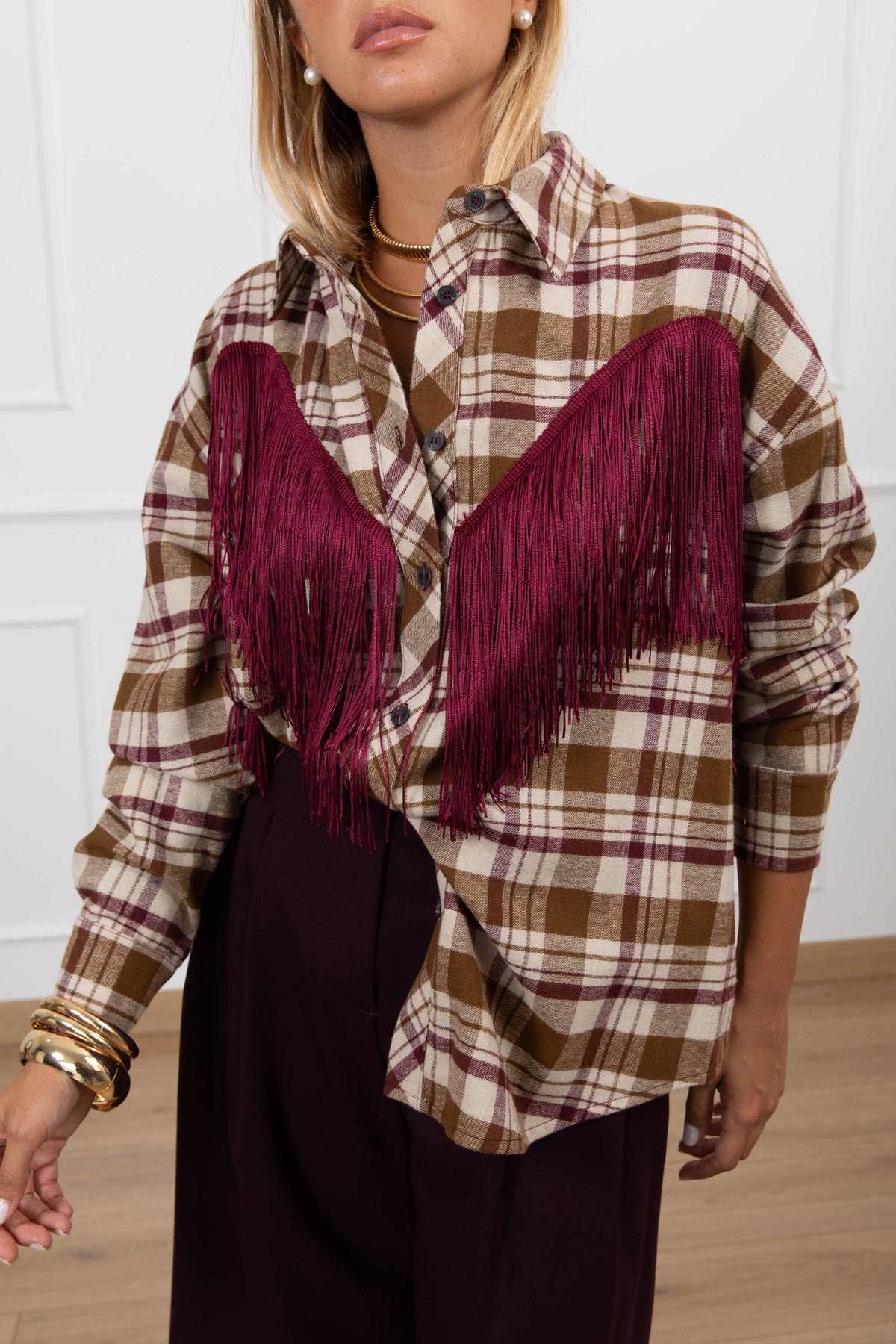 Camicia check beige/bordeaux con frange Tensione IN