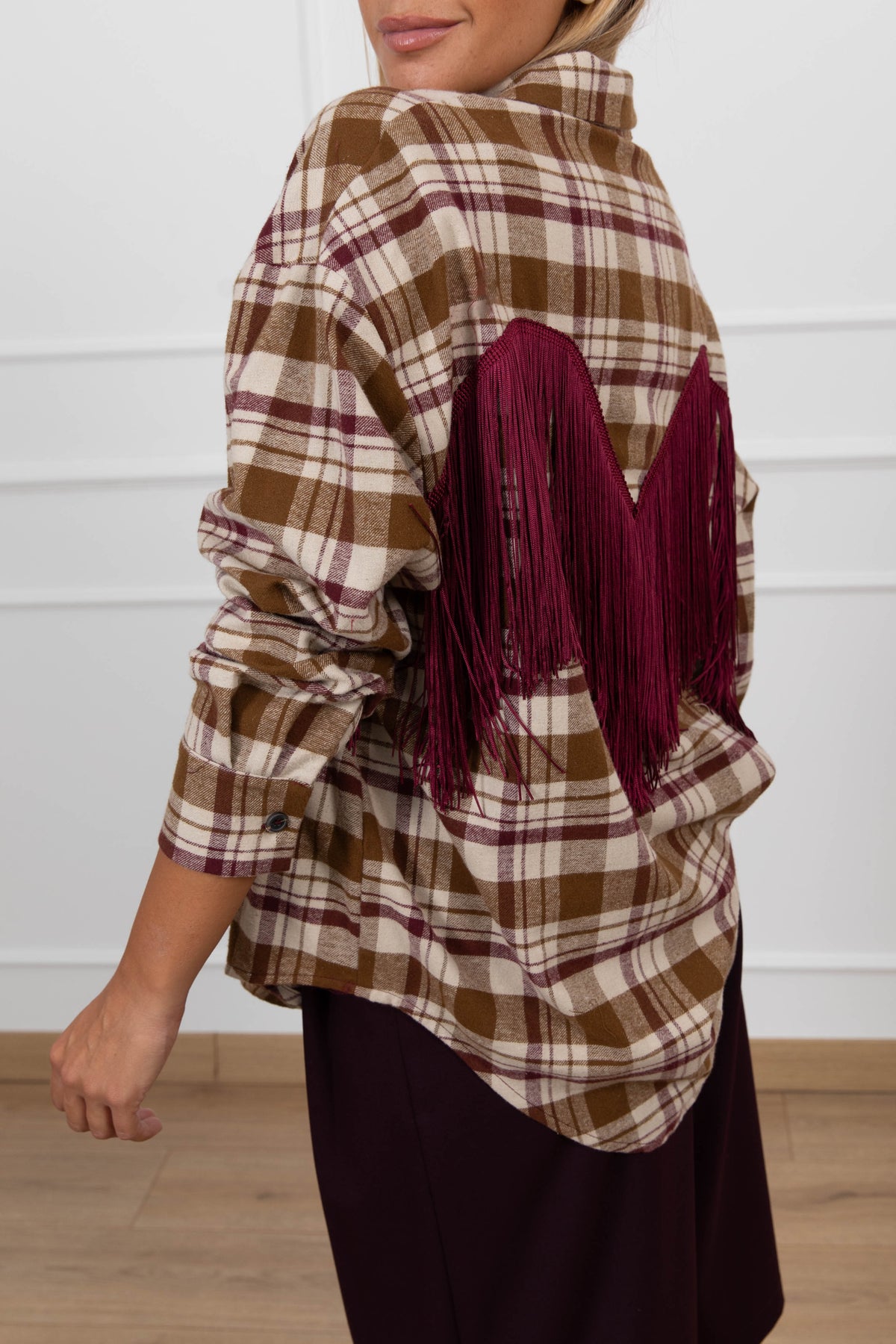Camicia check beige/bordeaux con frange Tensione IN