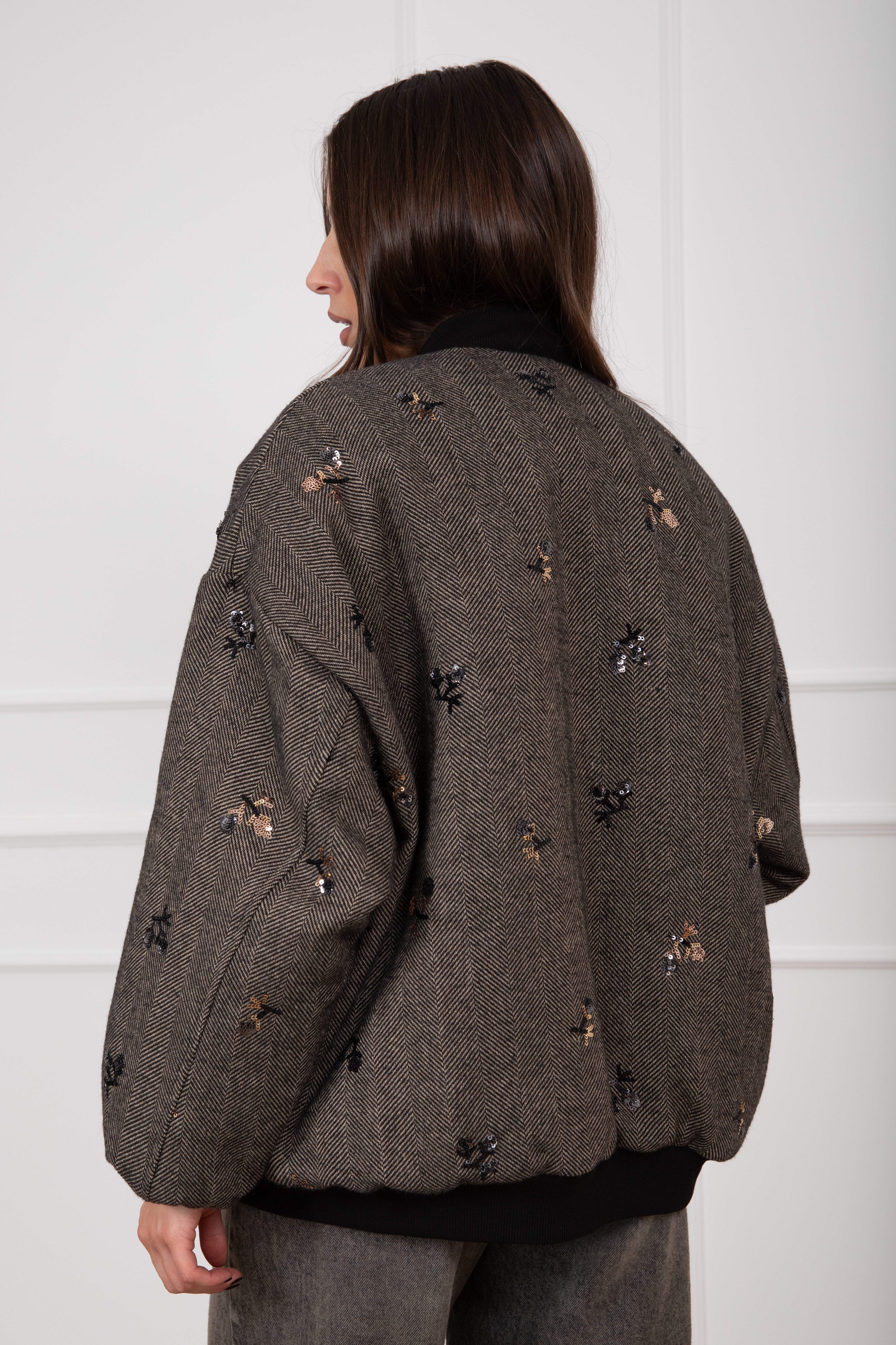 Bomber over-size motivo spigato con ricamo paillettes Susy Mix