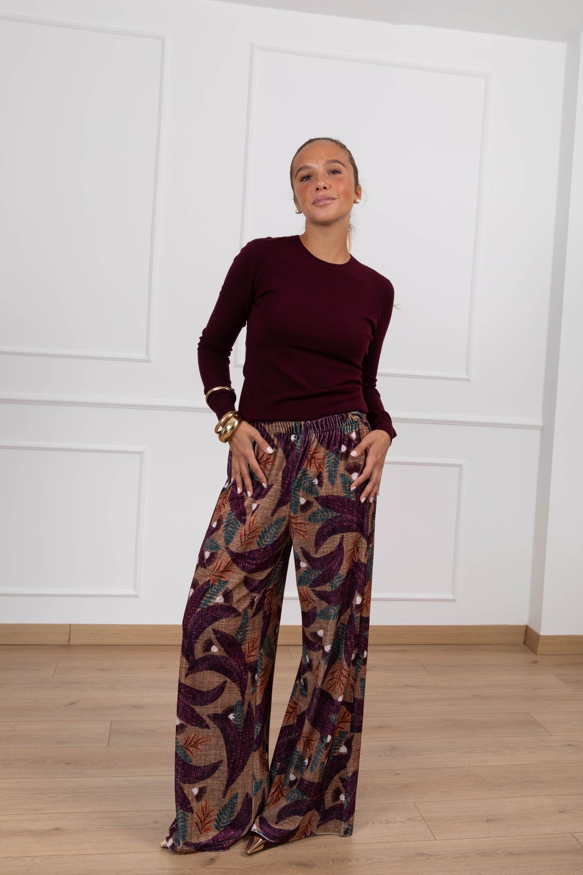 Pantalone in ciniglia stampa foglie Haveone