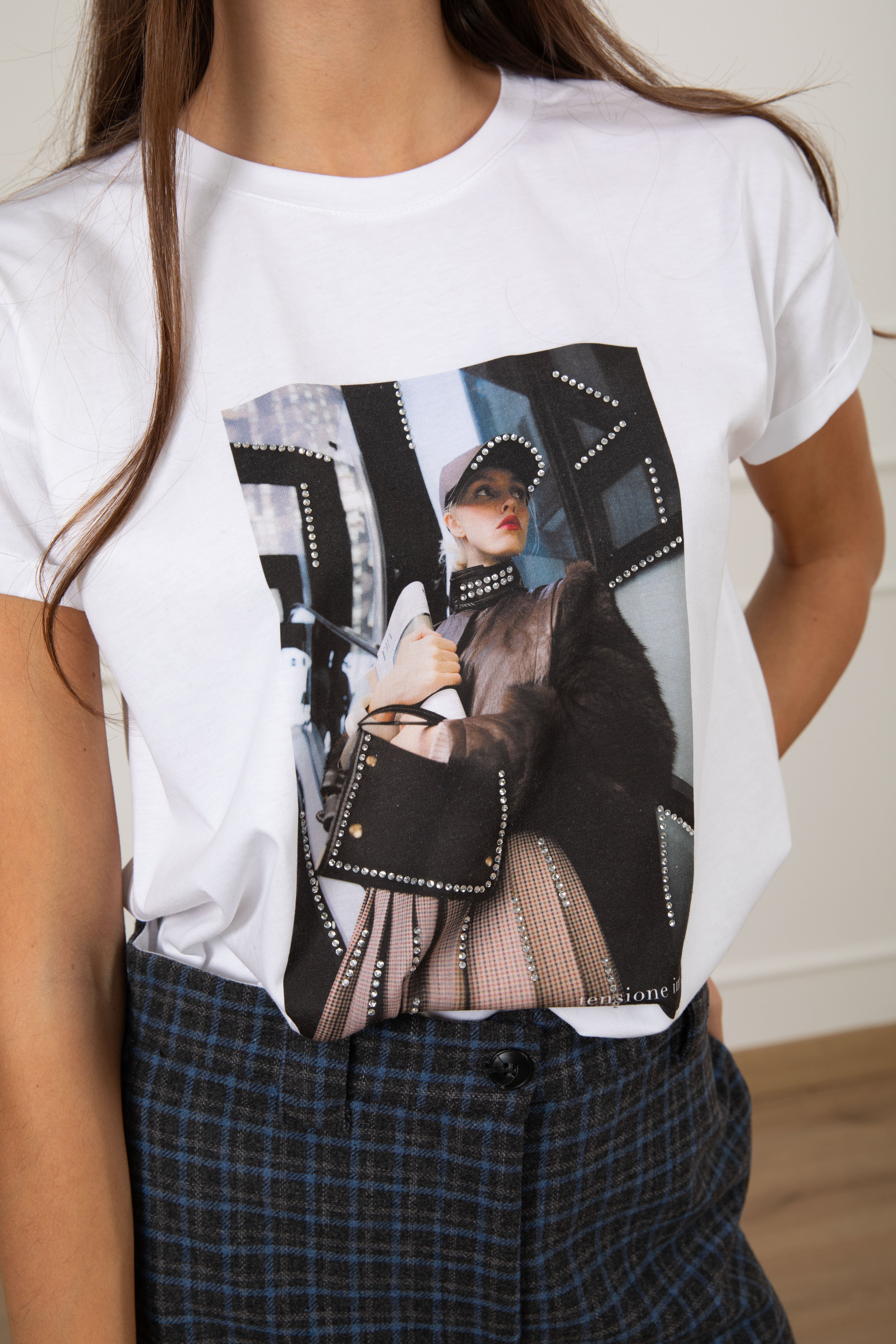 T-shirt stampa foto con strass Tensione IN