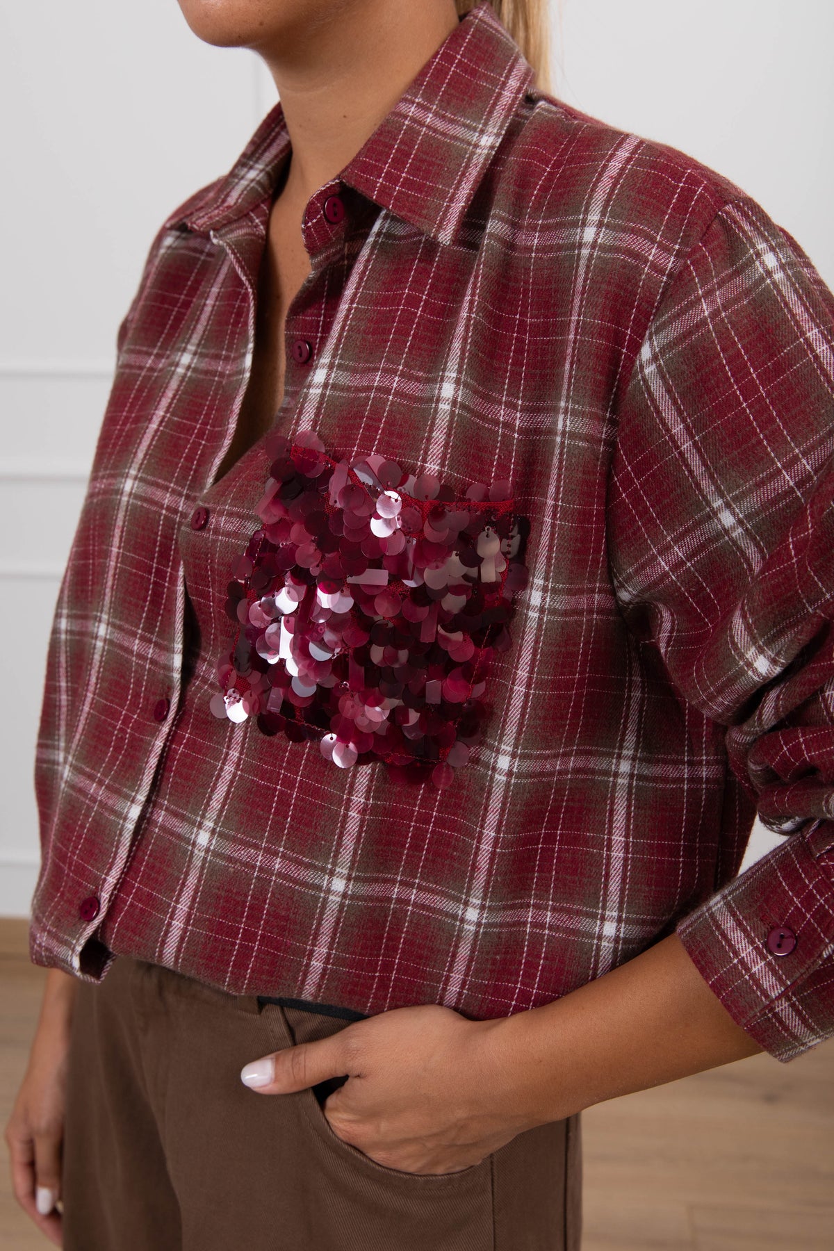 Camicia check con tasca paillettes variante bordeaux Susy Mix