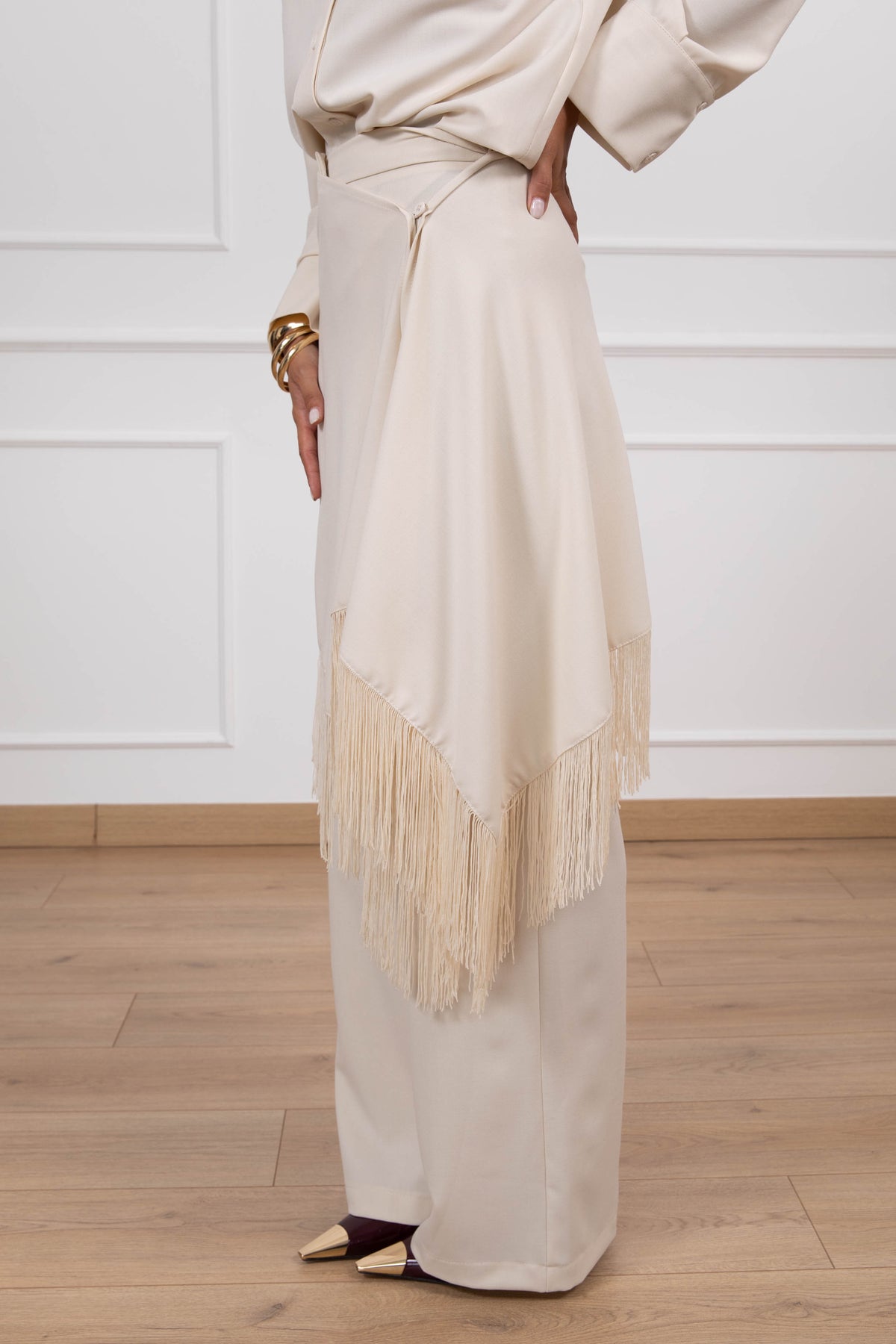 Pantalone con inserto scialle frange variante panna Tensione IN