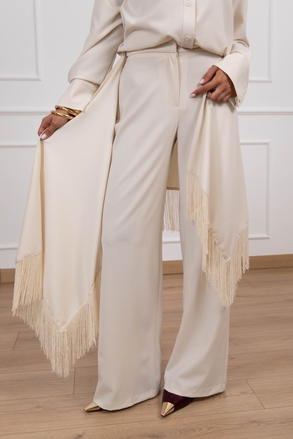 Pantalone con inserto scialle frange variante panna Tensione IN