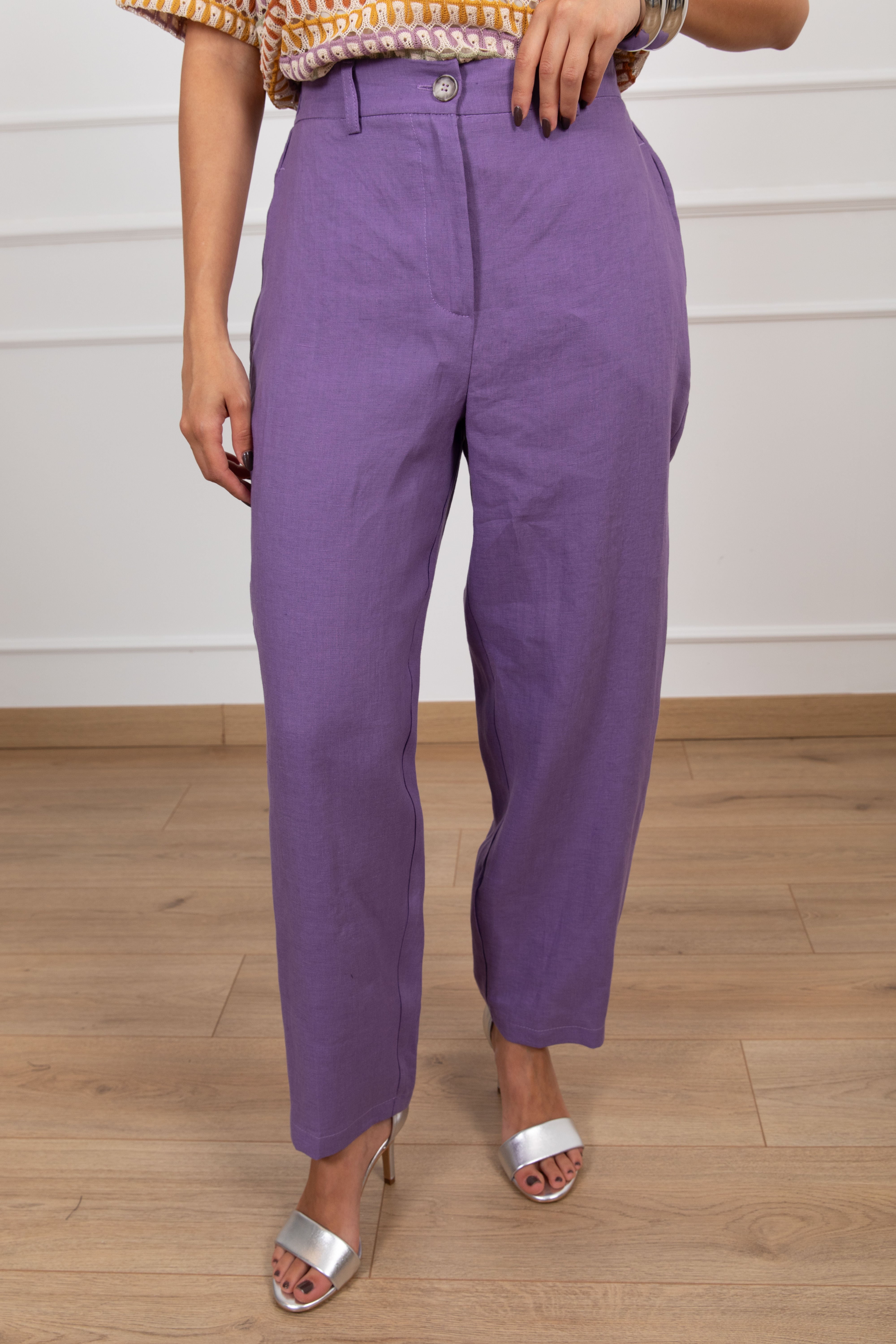 Pantalone carrot-fit 100% lino con elastico sul retro ViCOLO