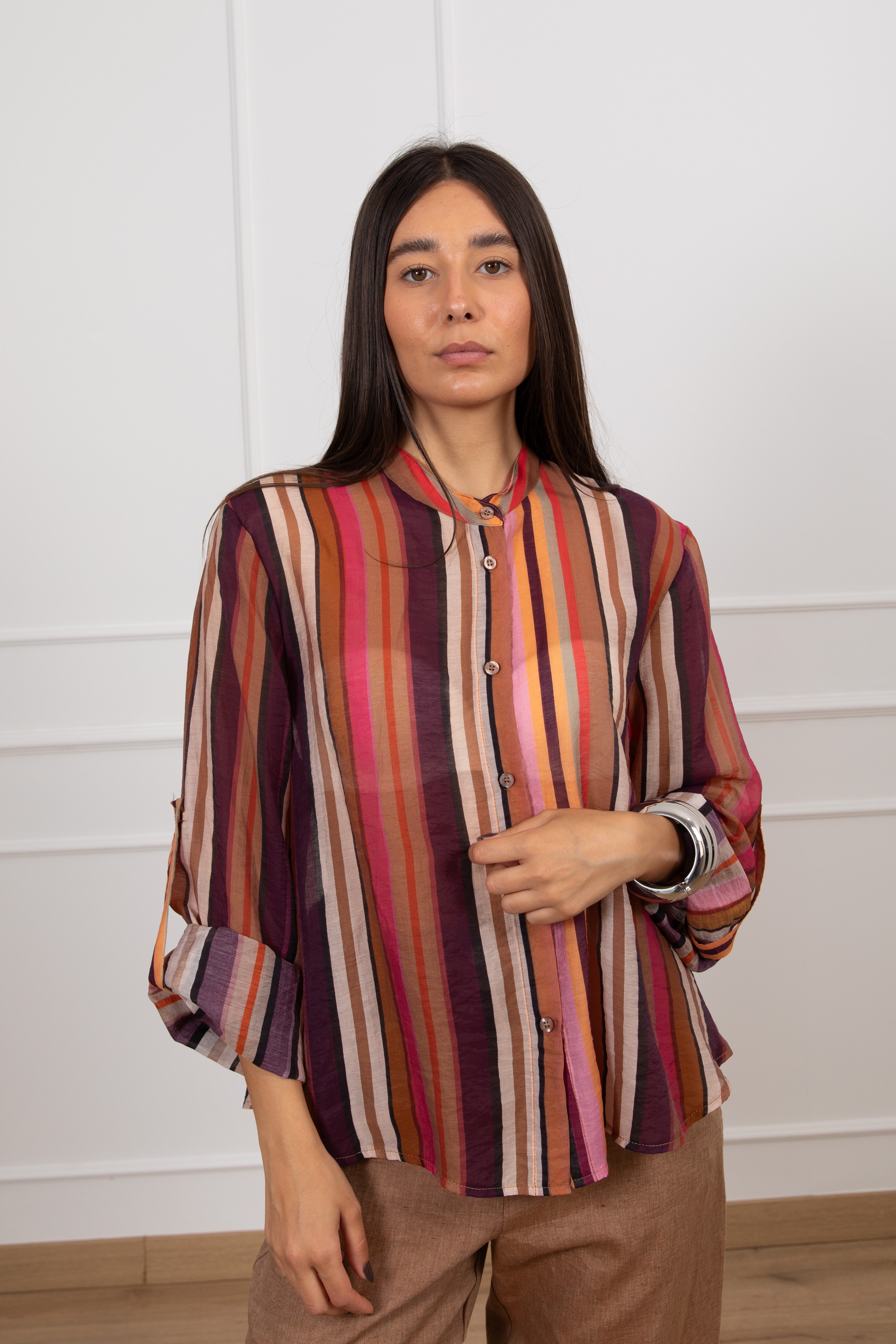Camicia a righe multicolor con collo alla coreana Haveone