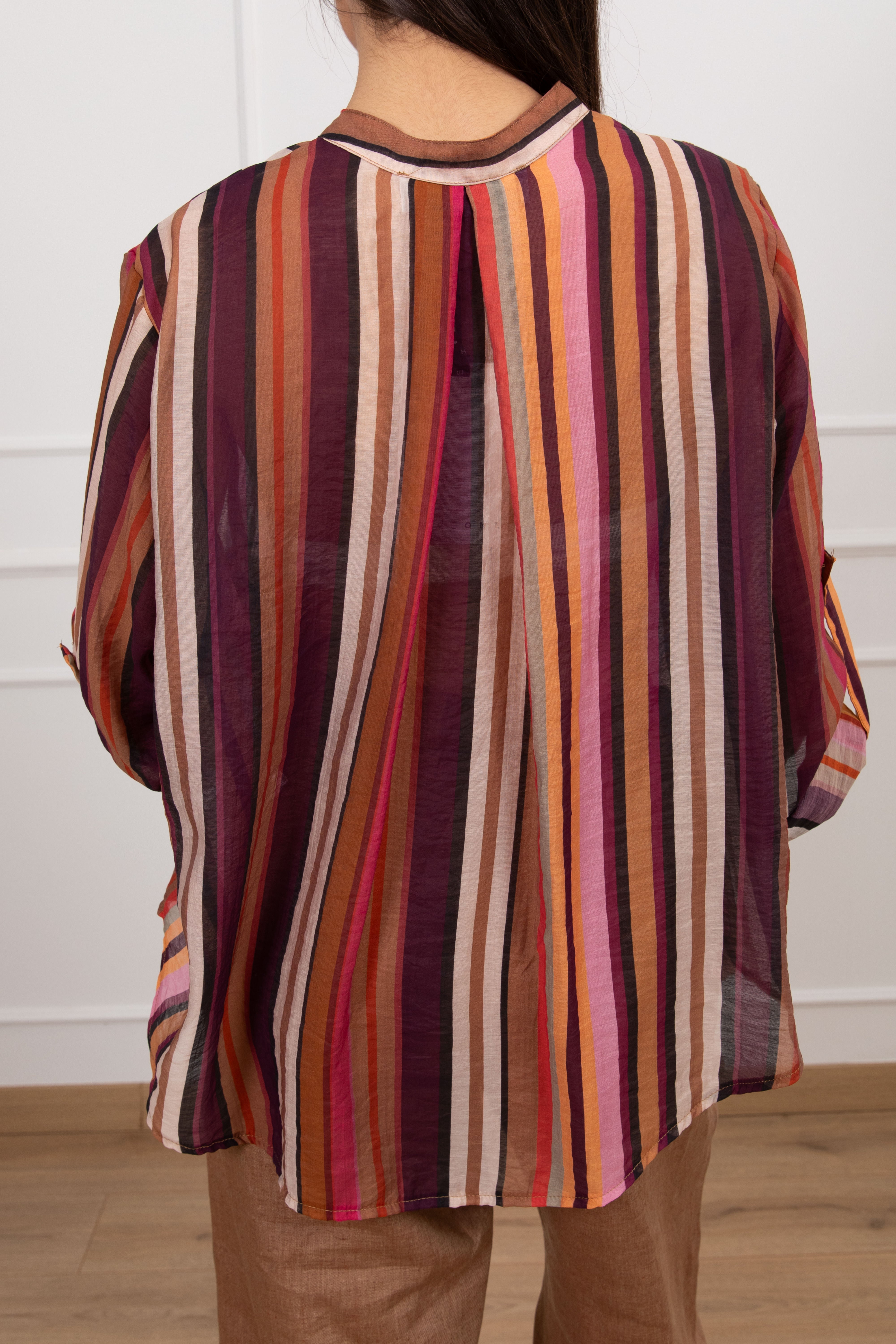 Camicia a righe multicolor con collo alla coreana Haveone