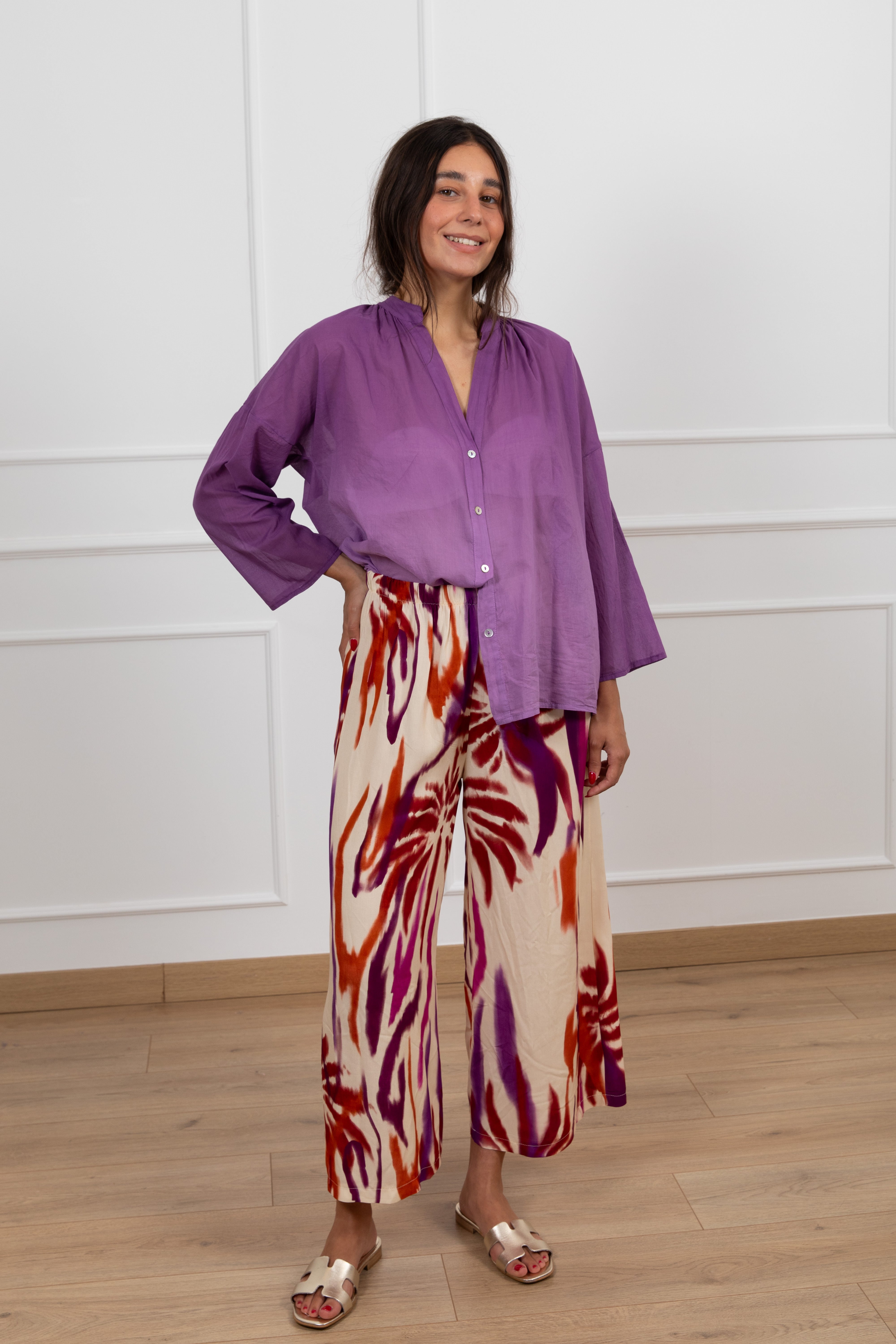 Pantalone 3/4 fantasia etnica viola Haveone