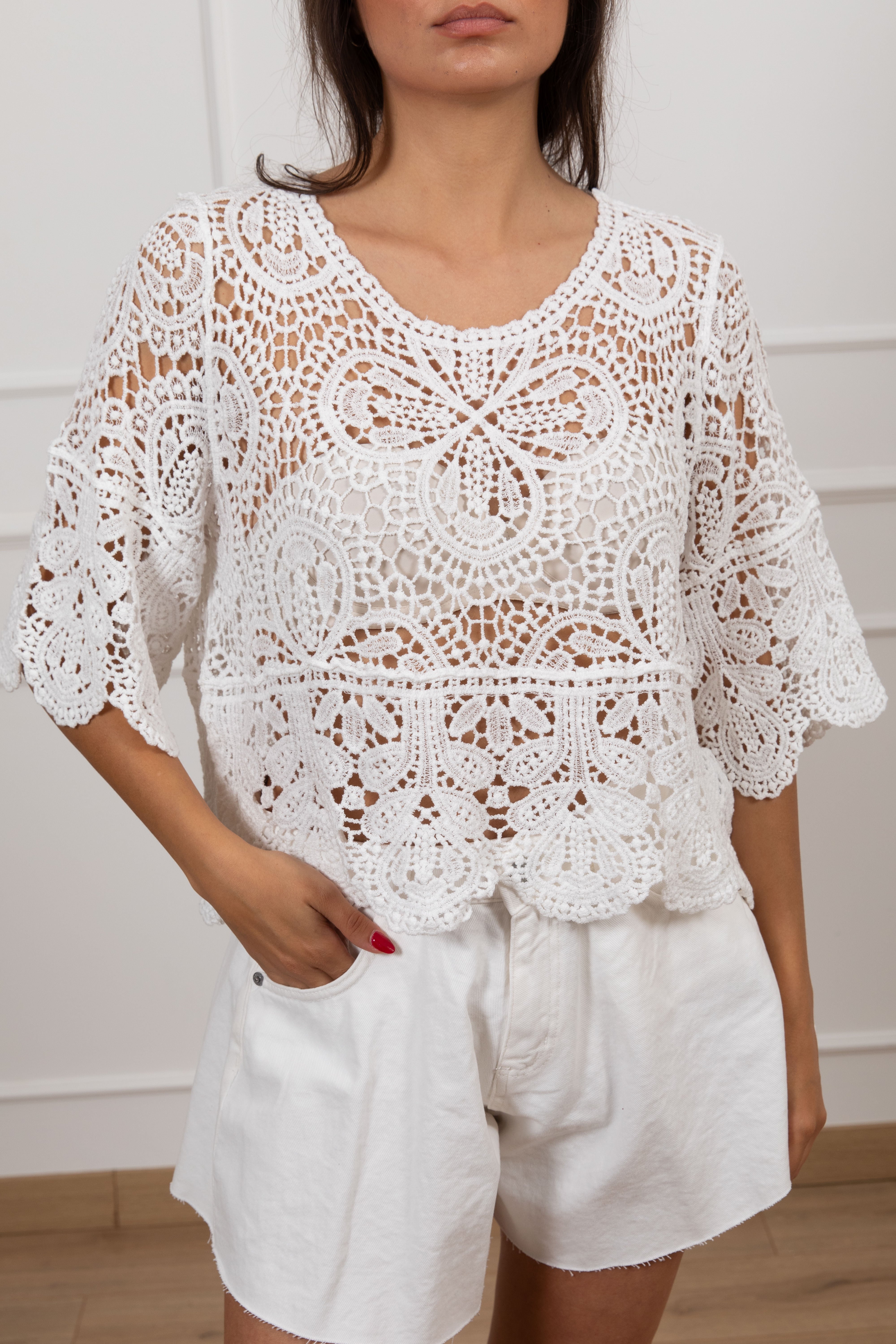 Maglia crochet a scatoletta con scollo a barchetta Susy Mix