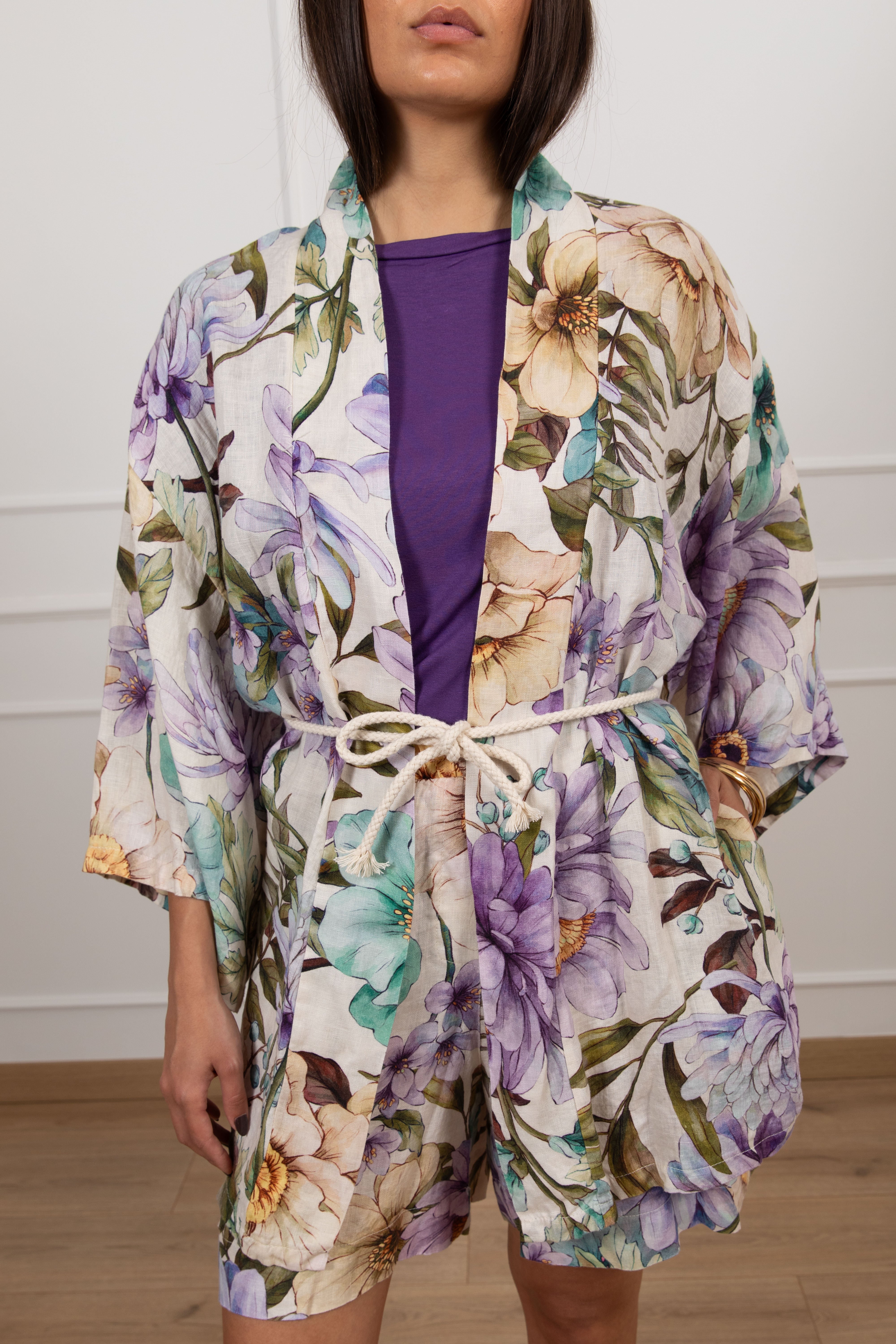 Kimono fantasia flowers in lino Susy Mix