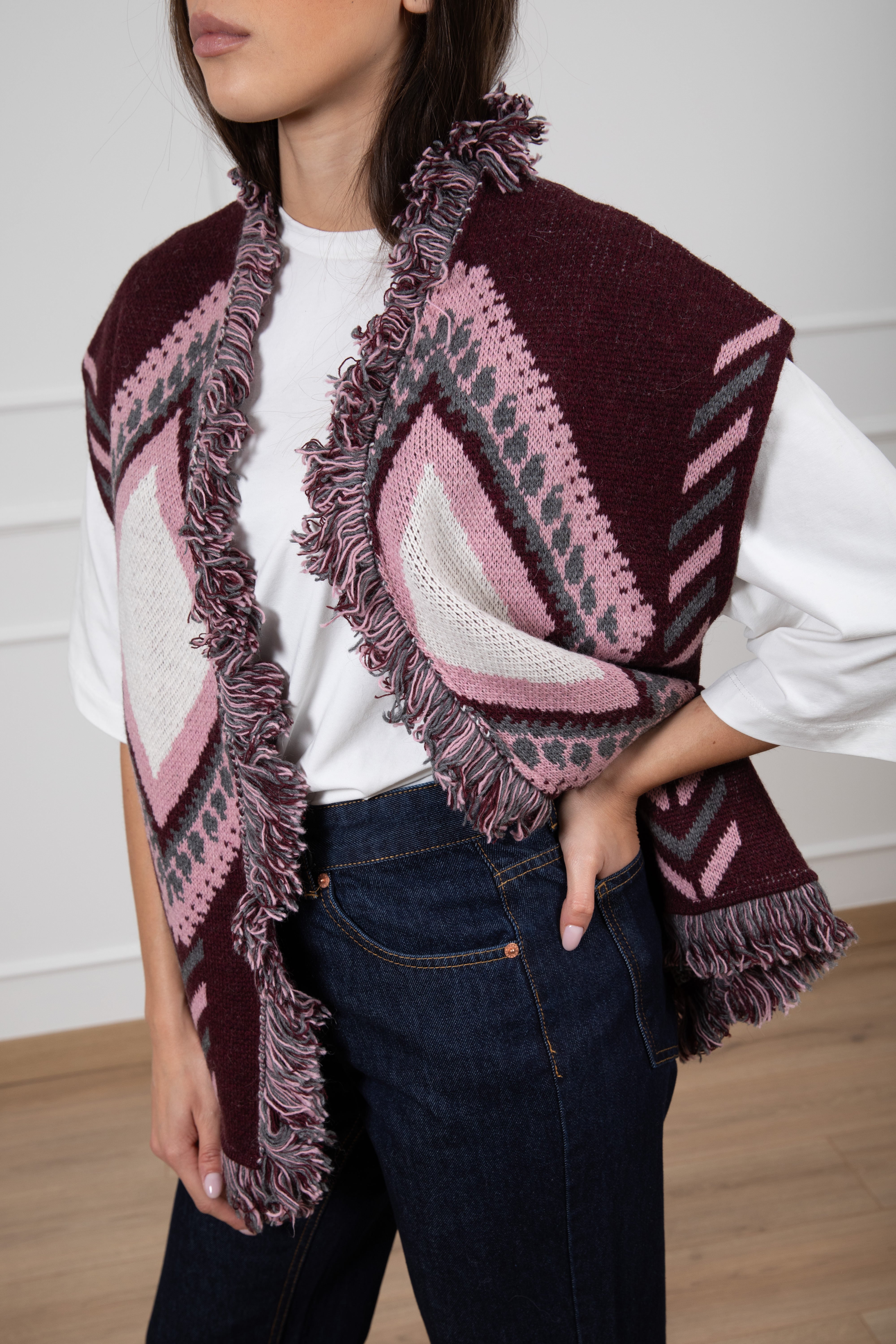 Maxi-gilet in maglia motivo rombi con frange Tensione IN
