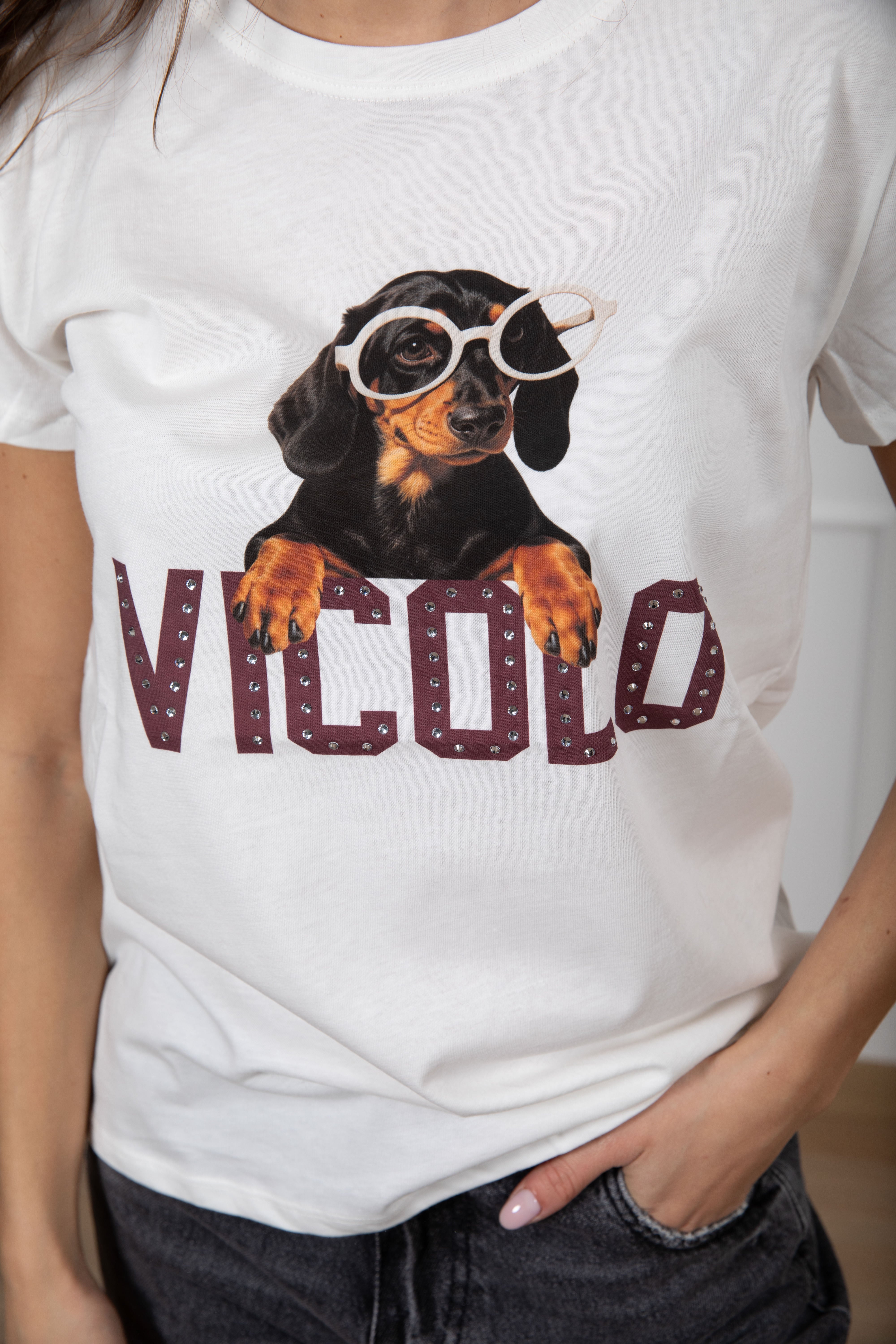 T-shirt bassotto con logo strass ViCOLO