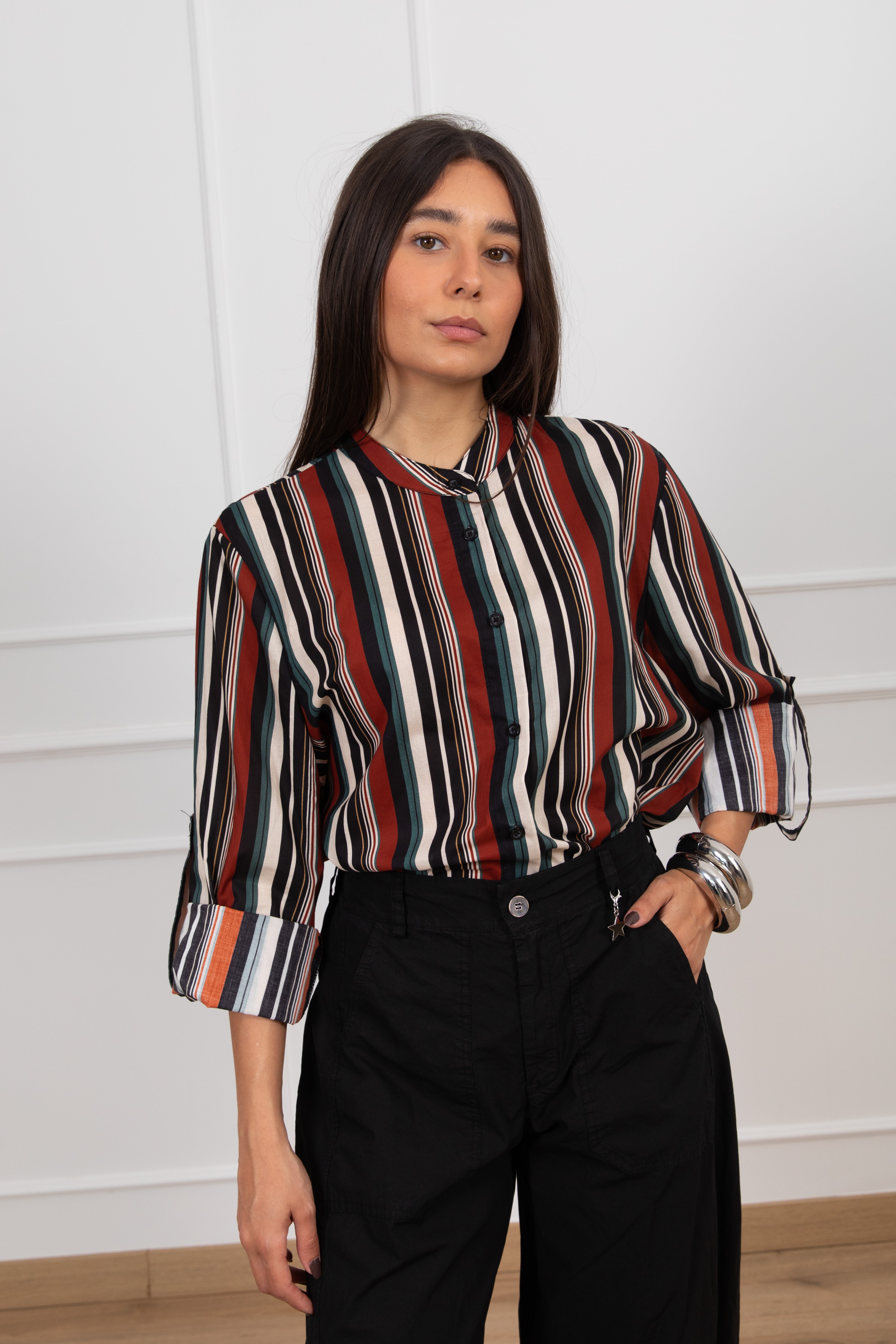 Camicia collo alla coreana con righe multicolor Haveone