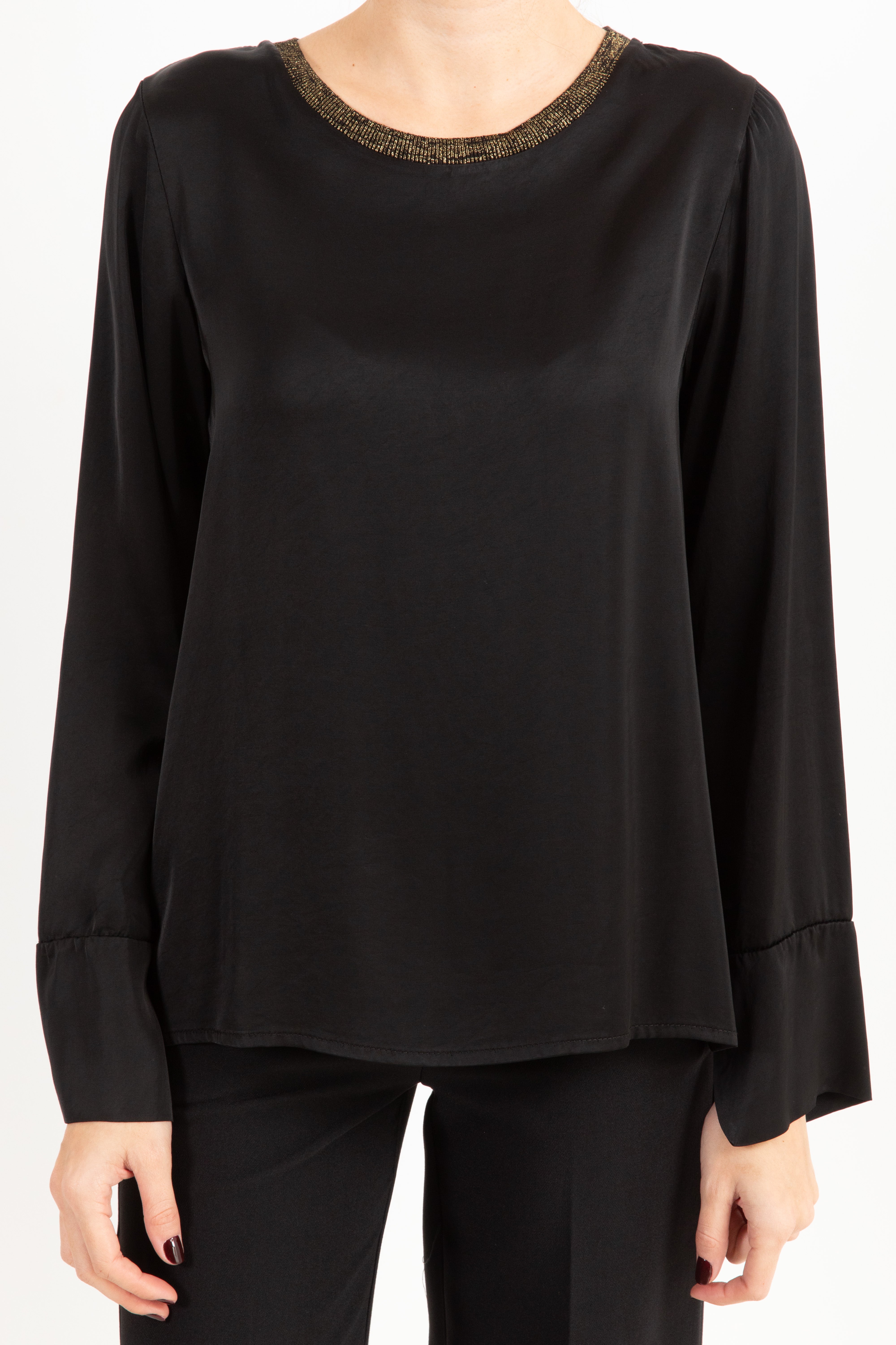 Blusa in raso manica lunga con piping dorato Motel