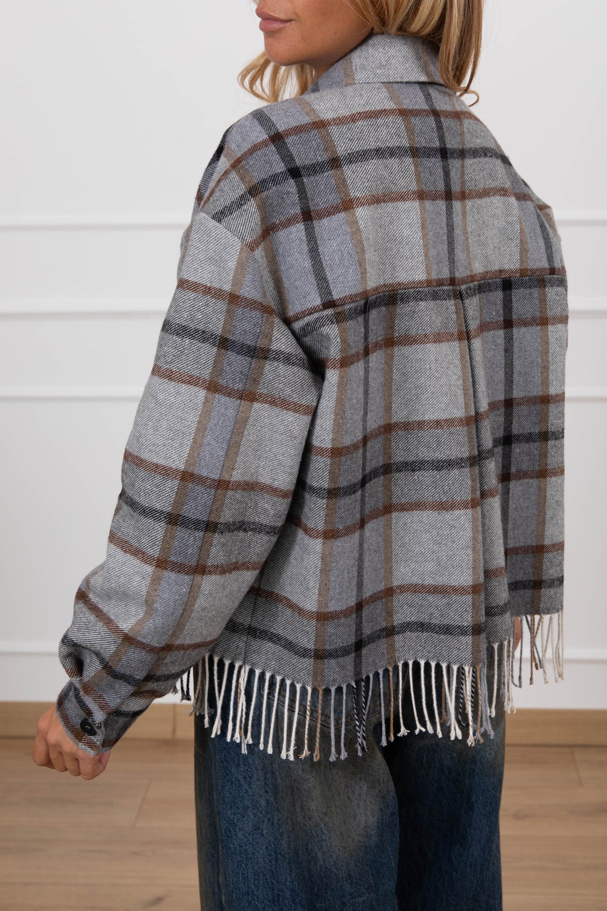 Camicia check in flanella con frange variante grigio/cammello ViCOLO