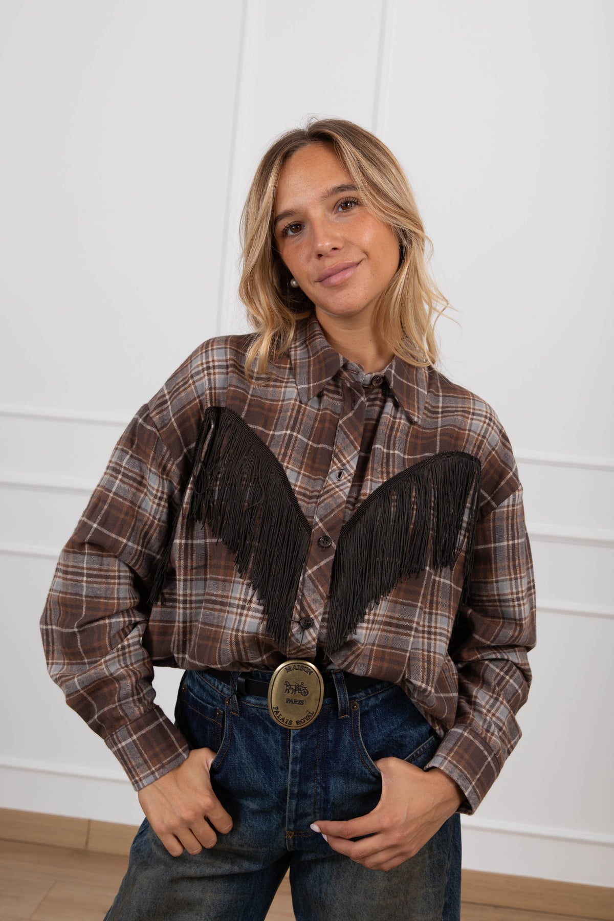 Camicia check moro in flanella con inserto frange Tensione IN
