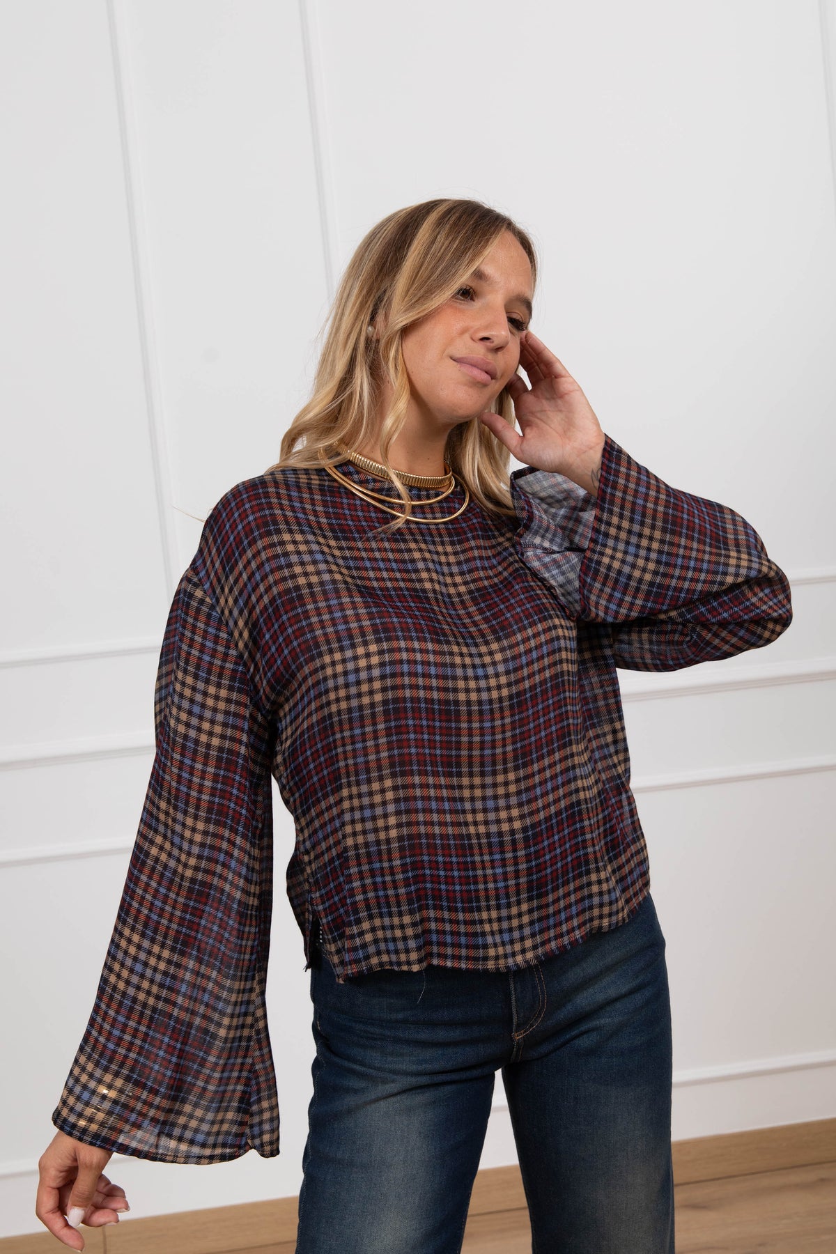 Blusa check biscotto in viscosa Tensione IN