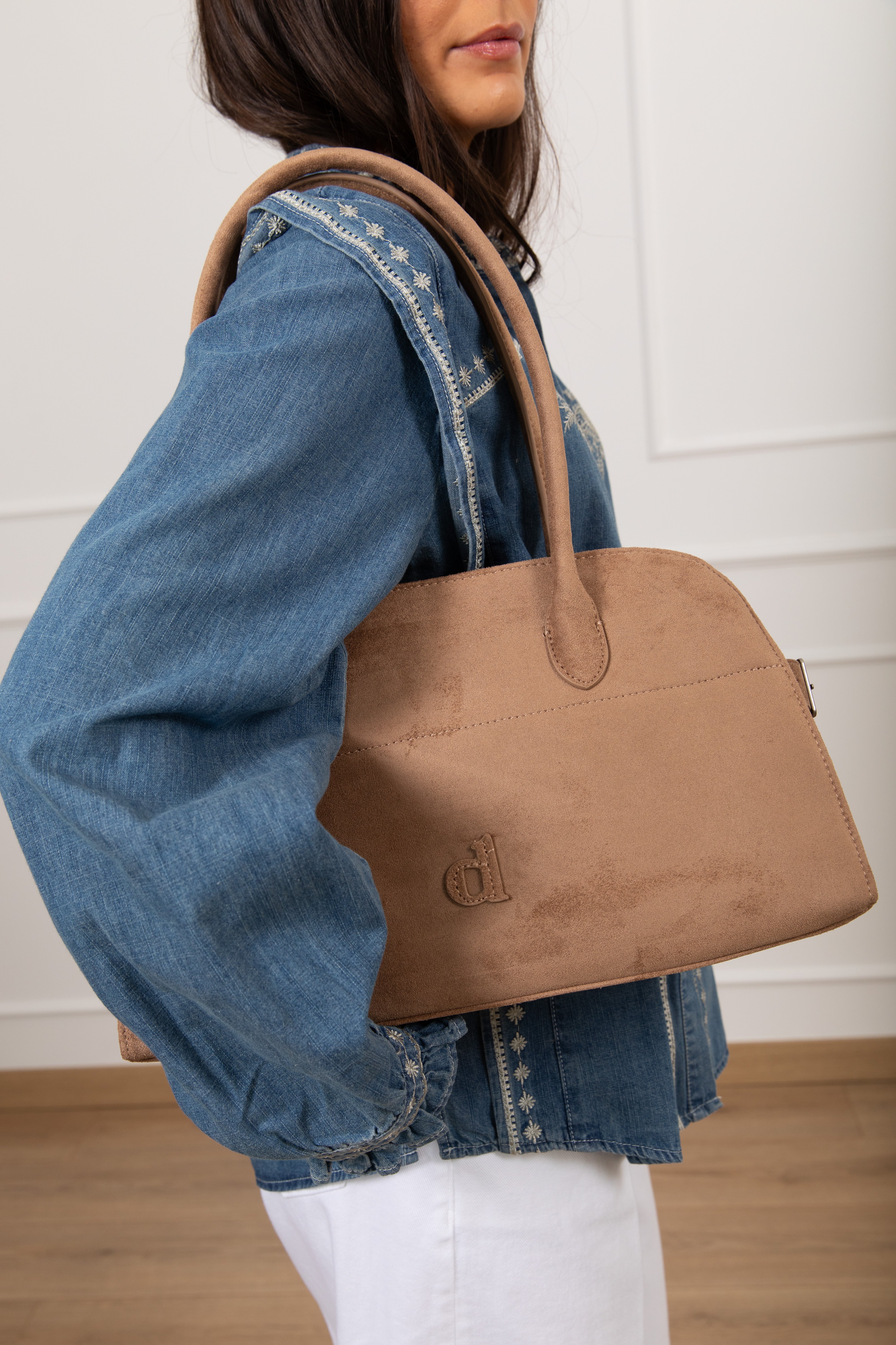 Handbag con manico lungo in eco-camoscio Dixie