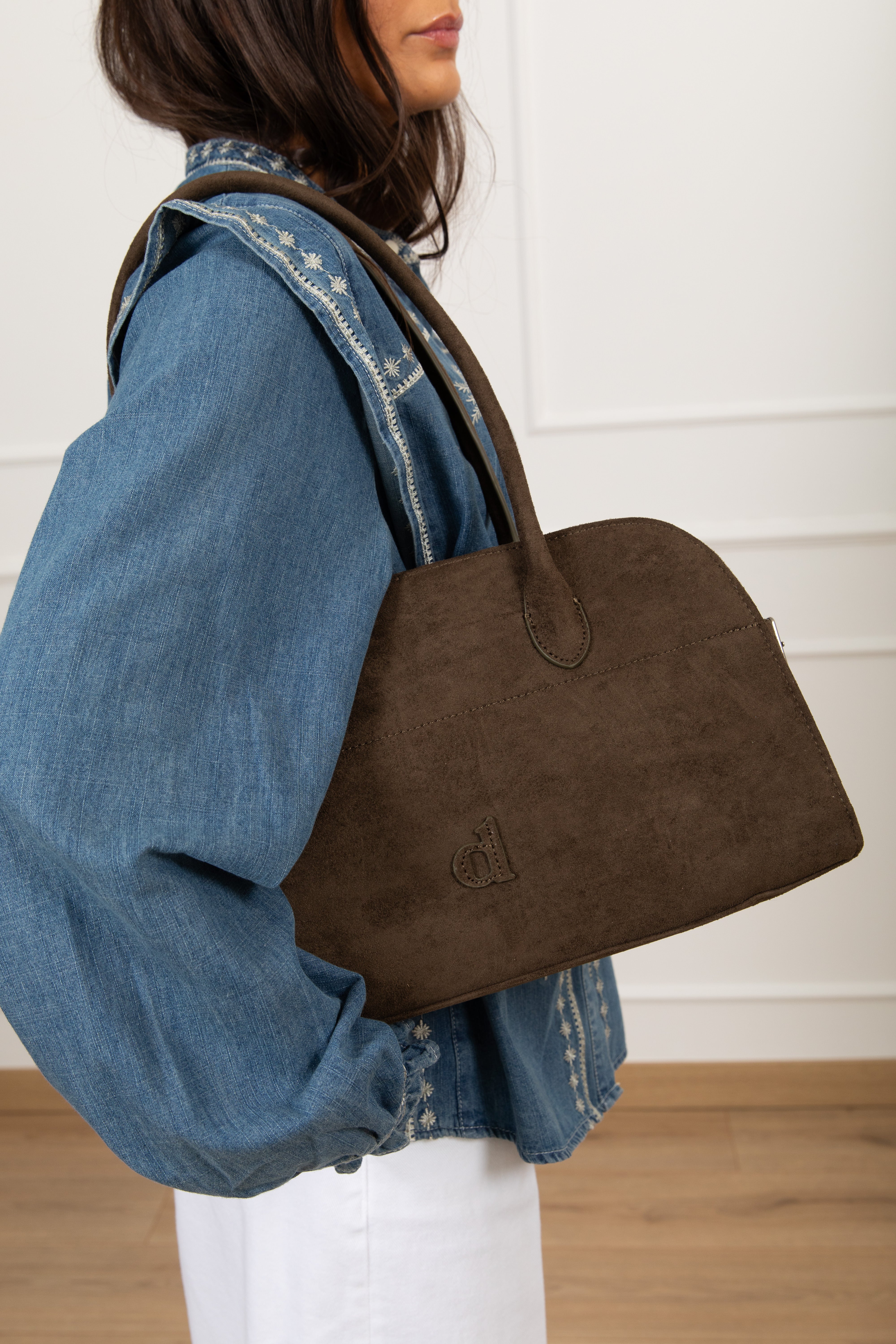 Handbag con manico lungo in eco-camoscio Dixie