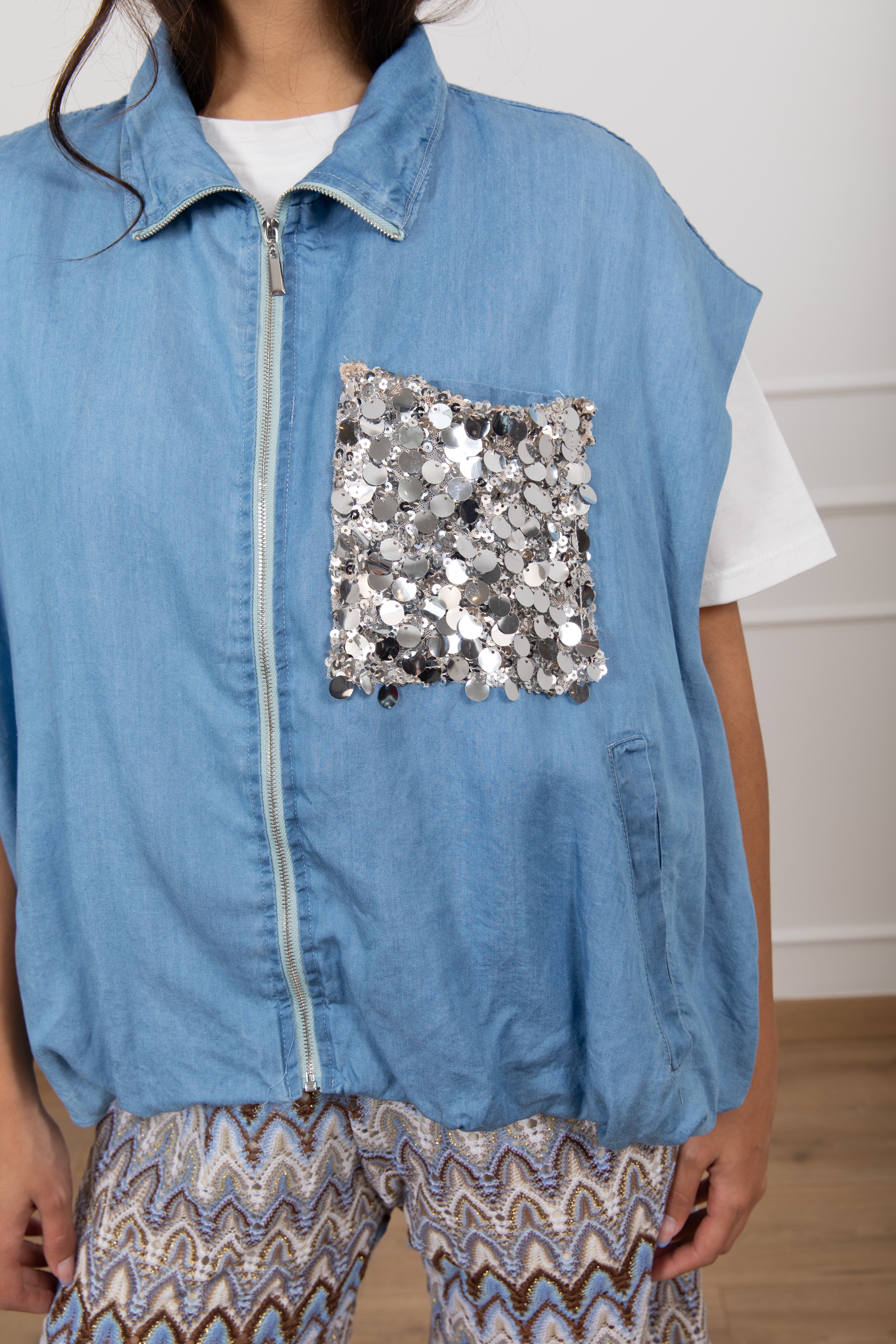 Bomber smanicato in chambrix con tasca paillettes Tensione IN
