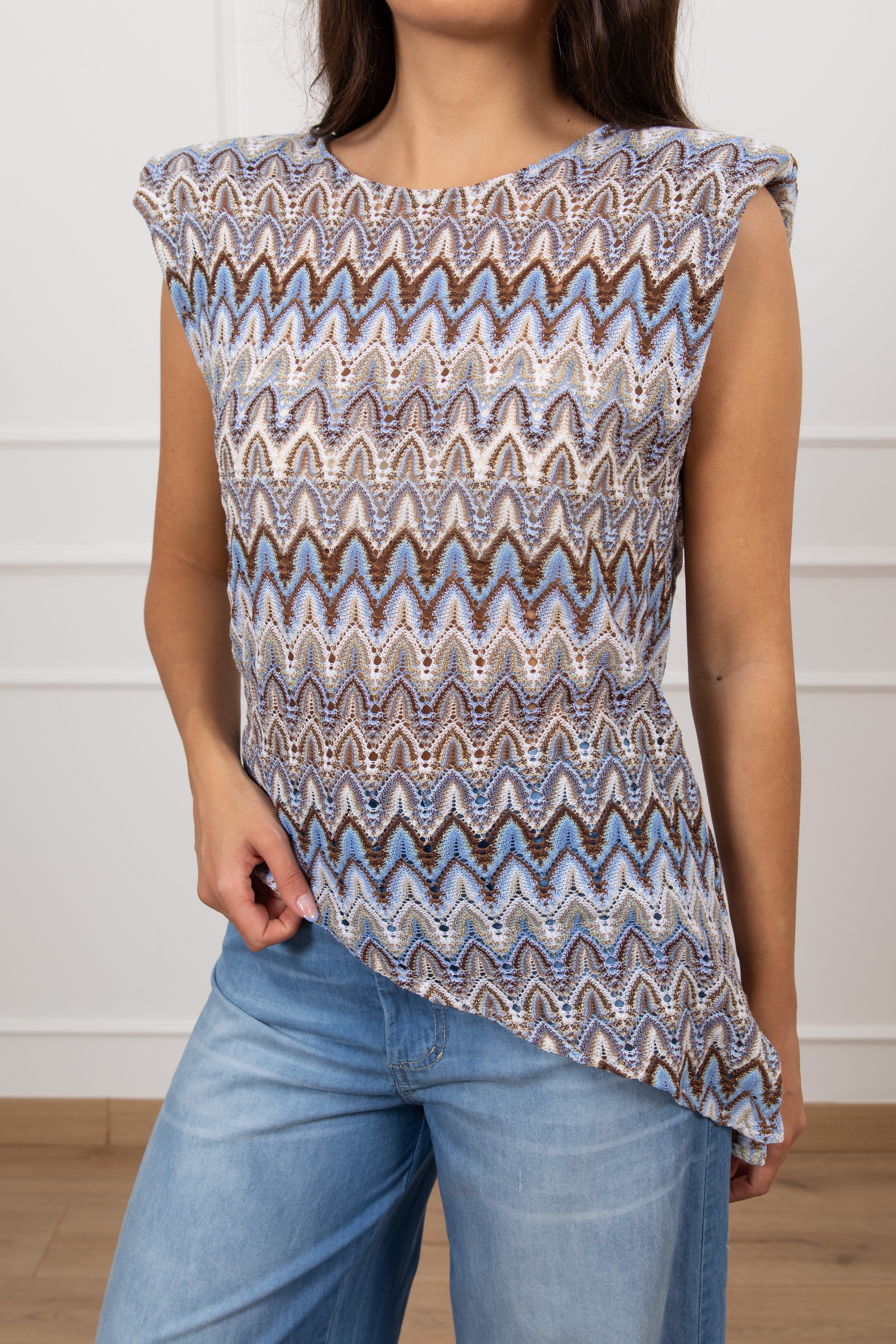 Blusa asimmetrica motivo zig-zag celeste Tensione IN