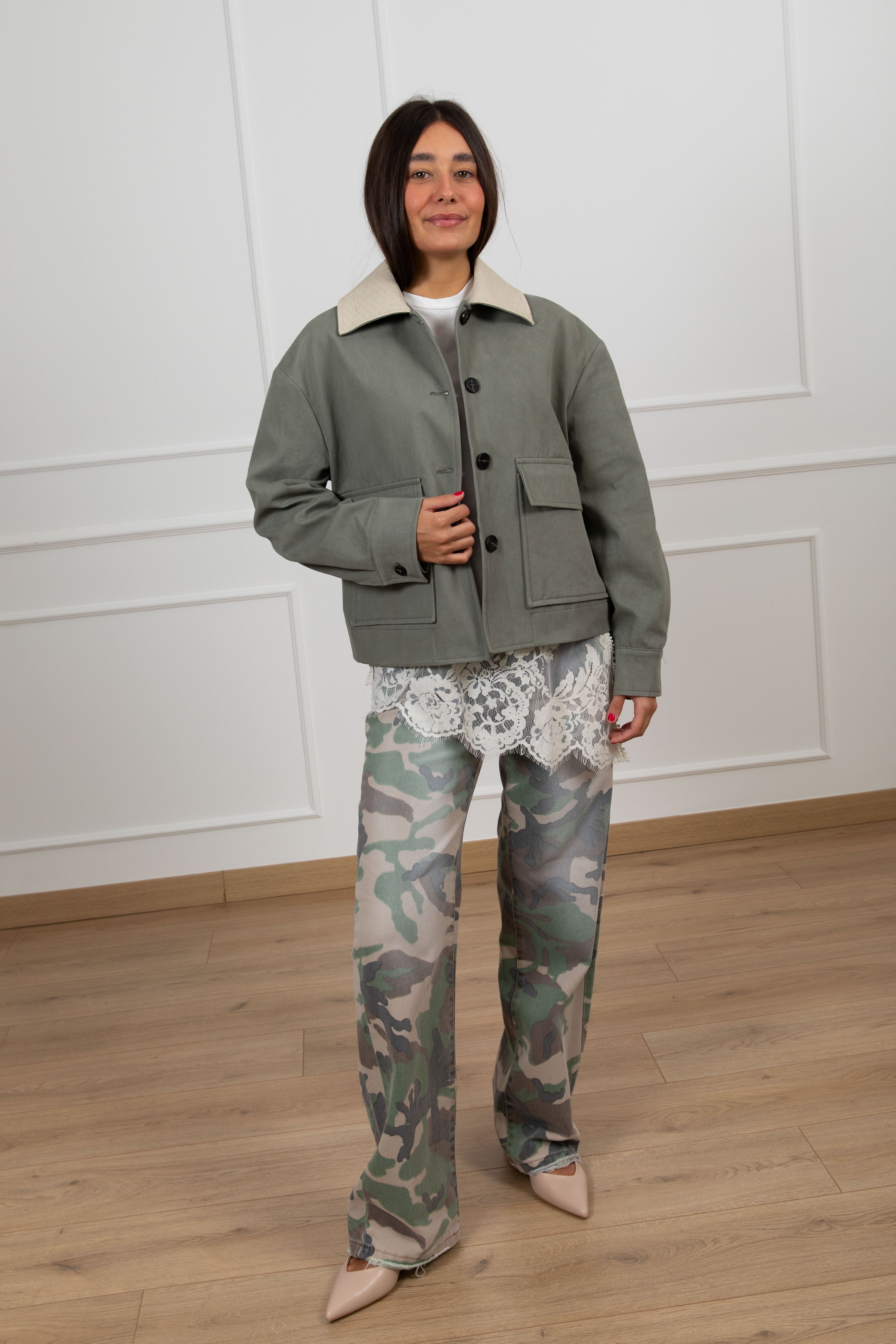 Giaccone in canvas con tasche e colletto in eco-pelle intrecciata Tensione IN