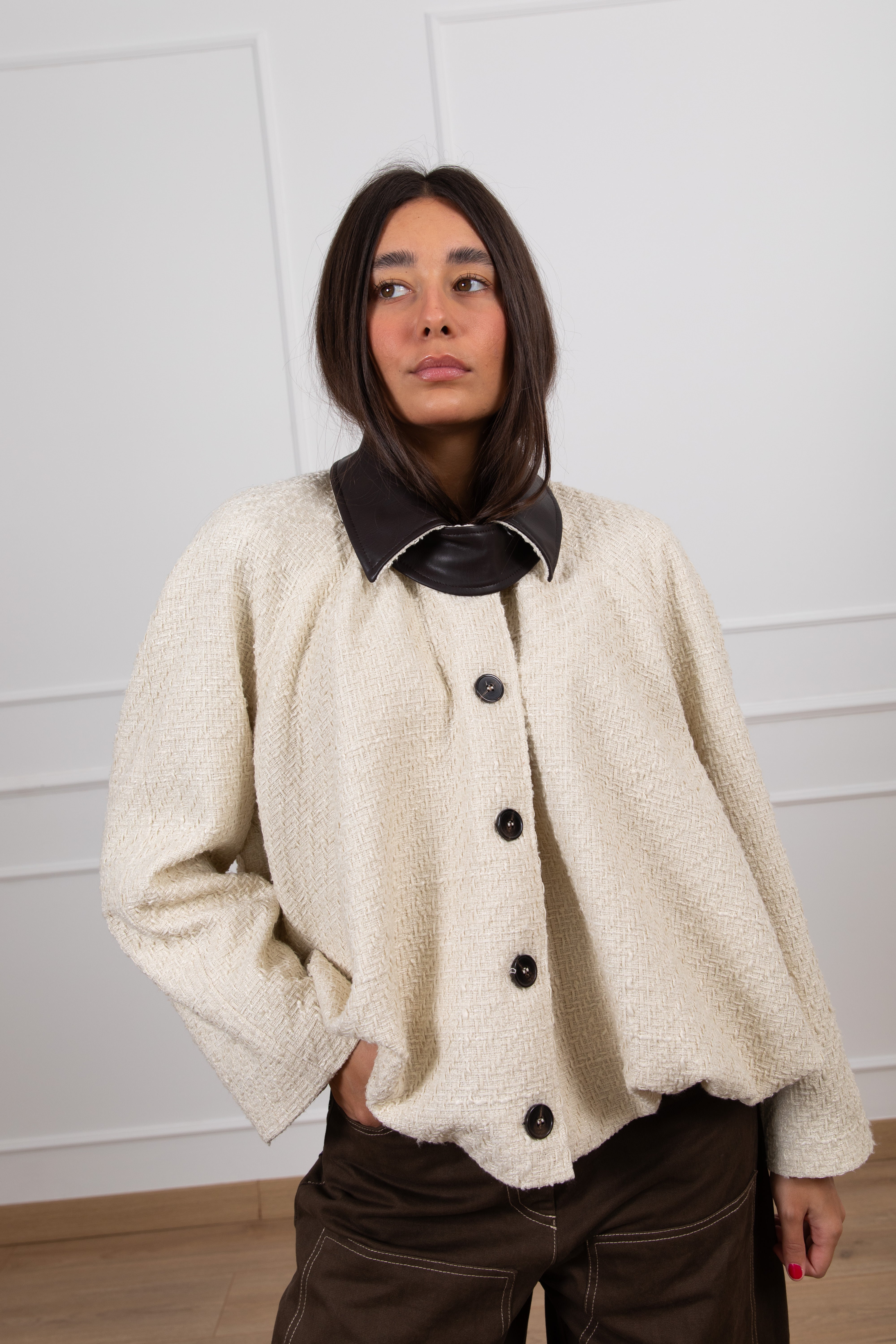 Bomber in tweed con colletto in eco-pelle Tensione IN