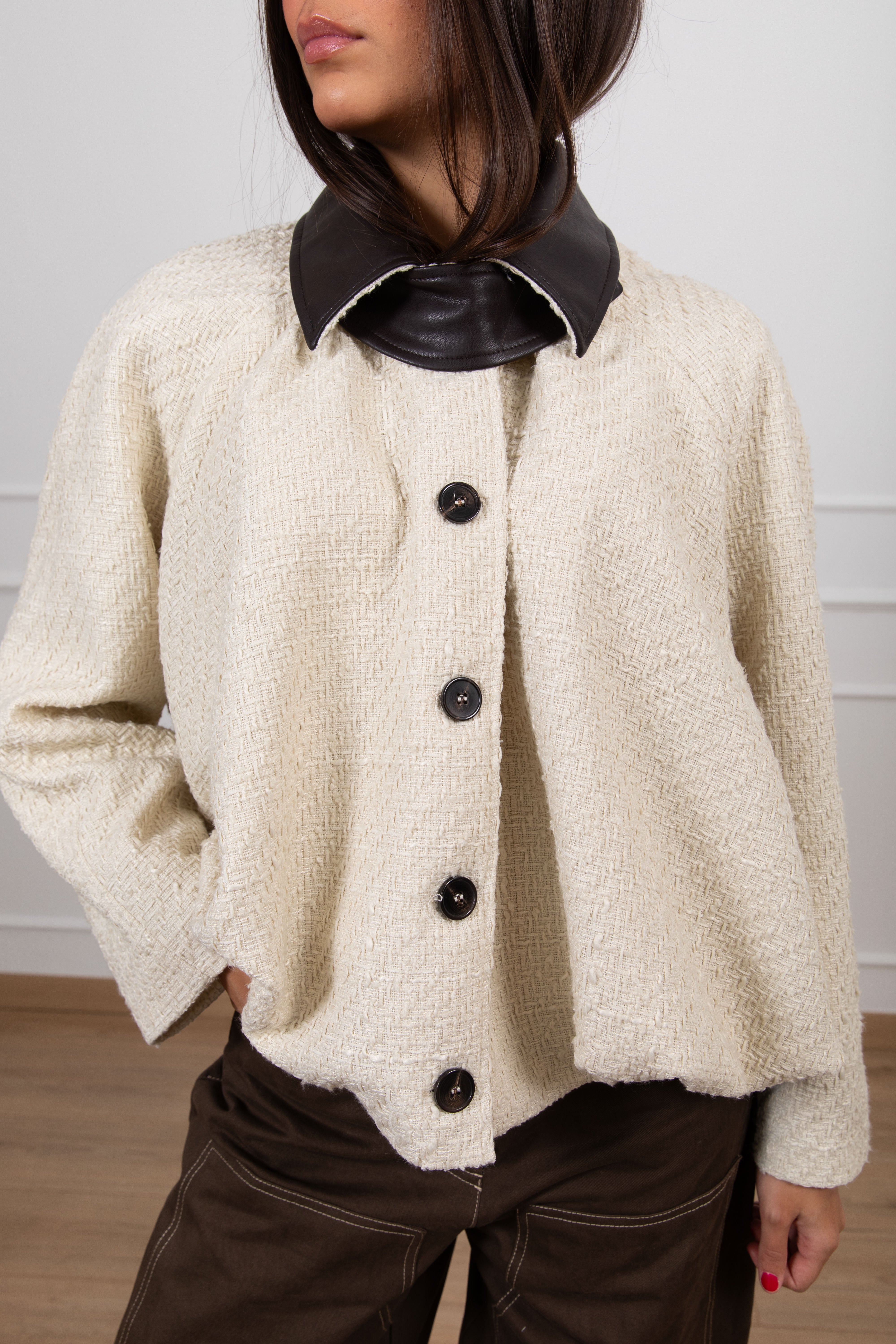 Bomber in tweed con colletto in eco-pelle Tensione IN